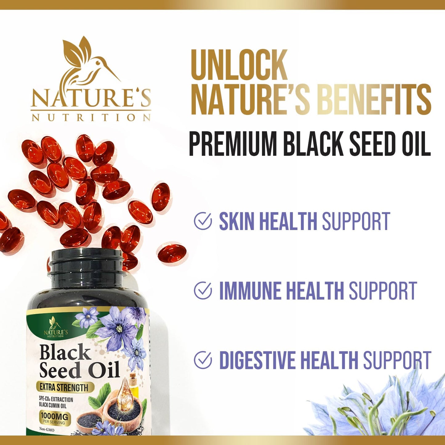 Vegan non GMO black seed oil 180 softgels bottle highlighting omega fatty acid benefits