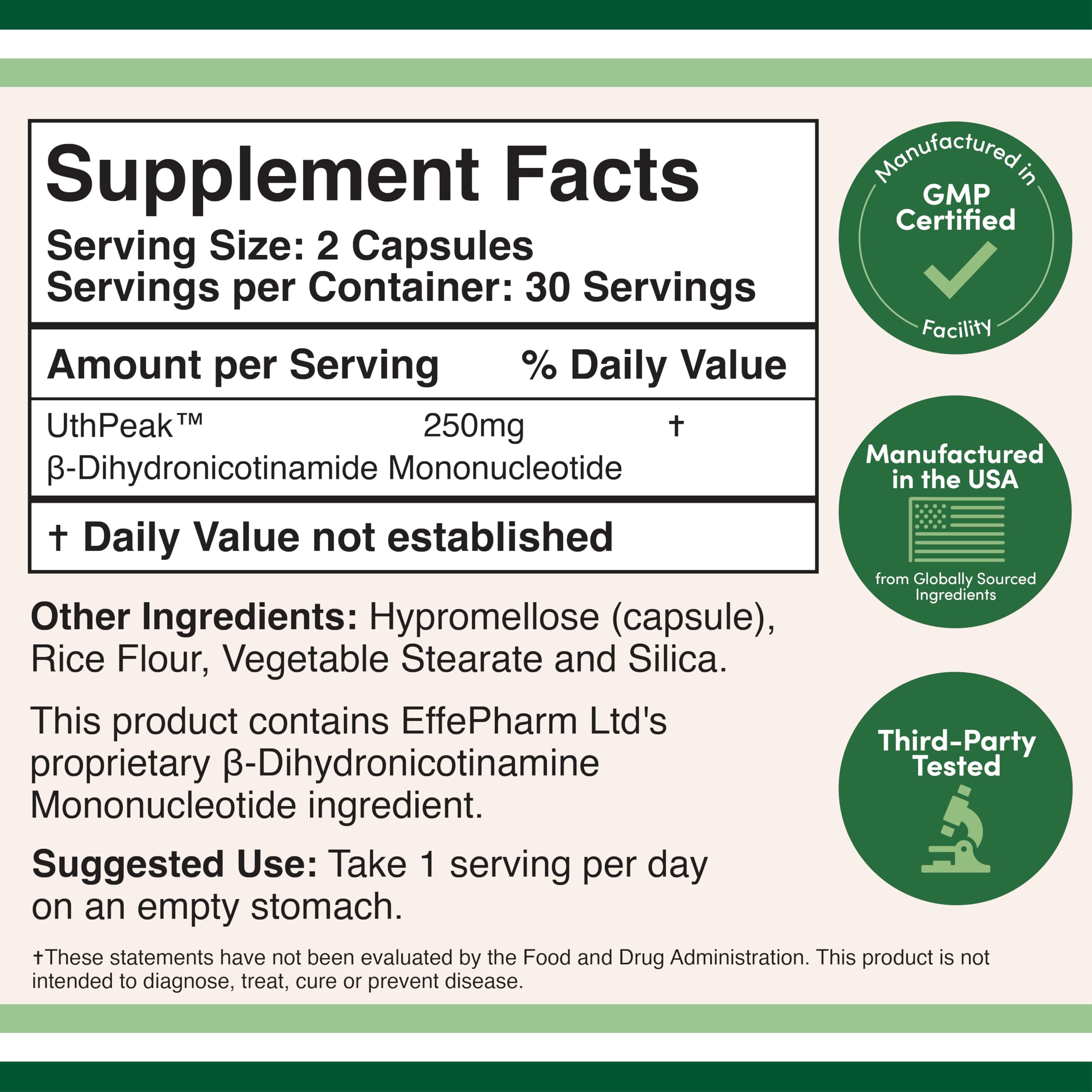 Double Wood dihydronicotinamide mononucleotide 250mg supplement bottle showing side panel instructions