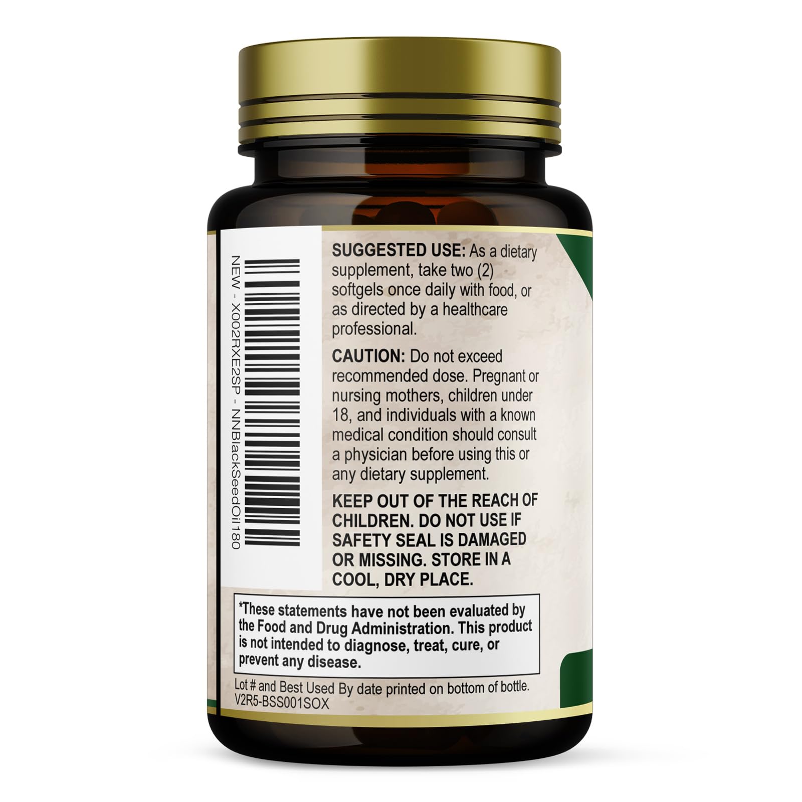 Close up view of certified pure cold pressed black seed oil supplement from Nature's Nutrition