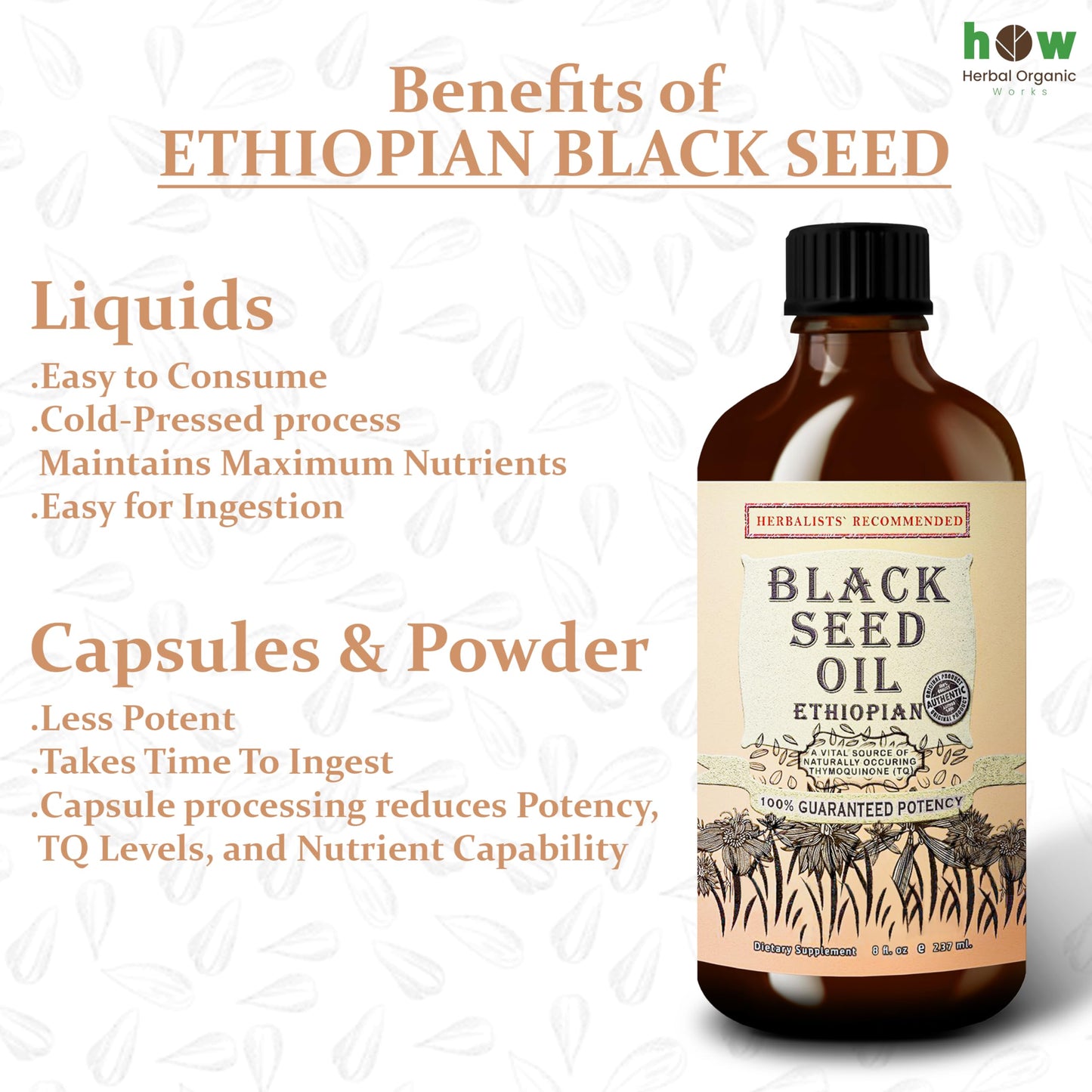 High potency thymoquinone liquid supplement packaging presentation