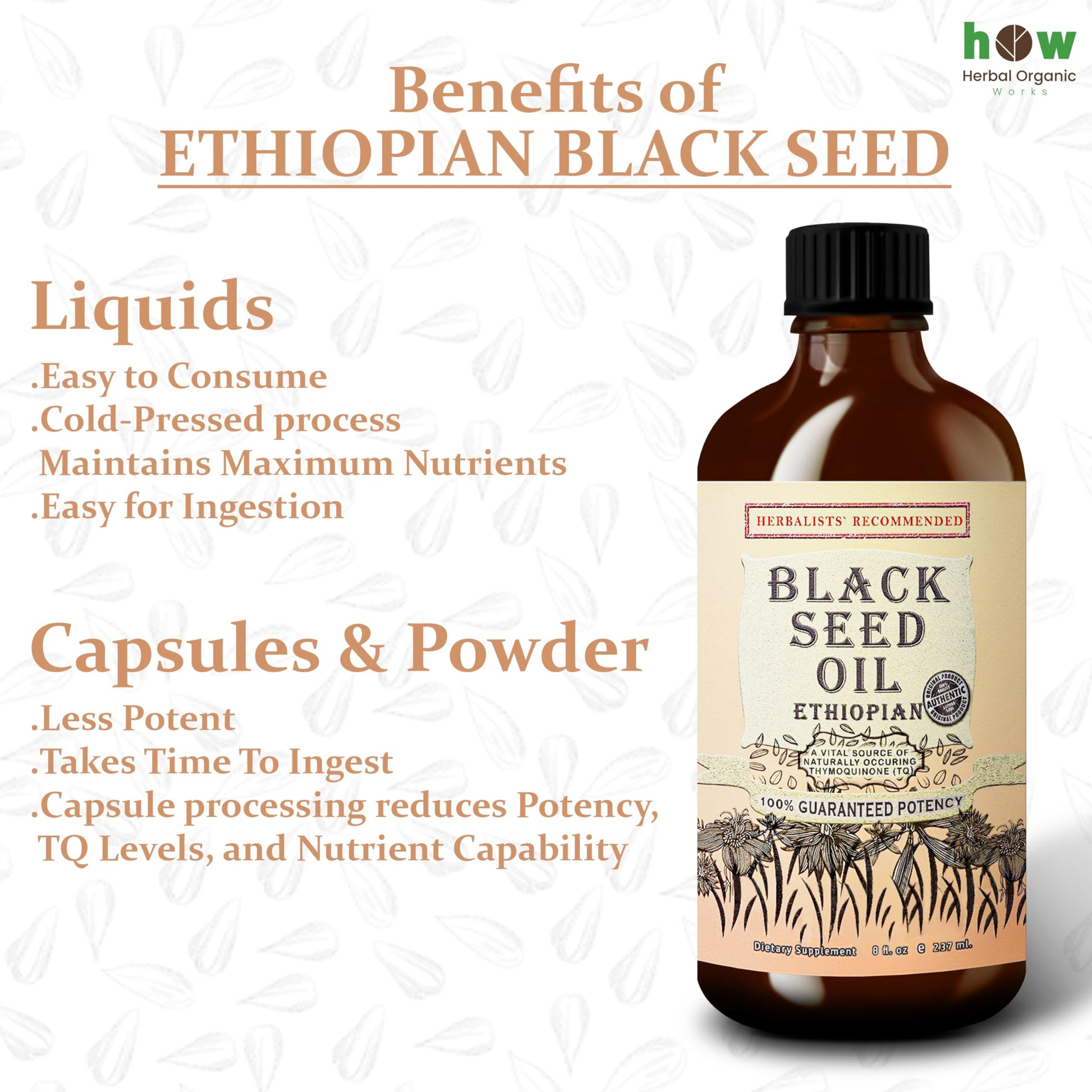 High potency thymoquinone liquid supplement packaging presentation