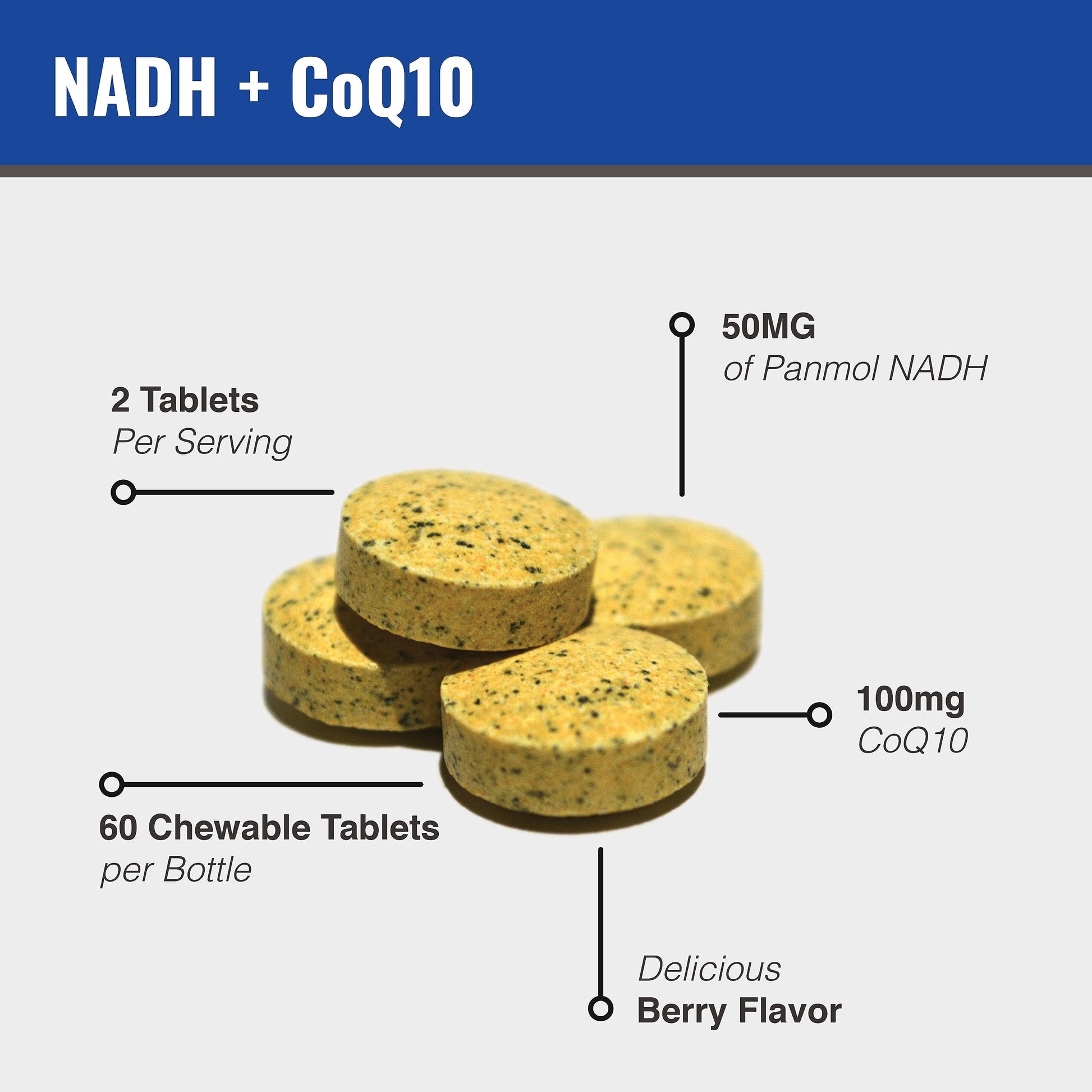 Supplement facts label on MAAC10 NADH and CoQ10 bottle detailing ingredient dosages