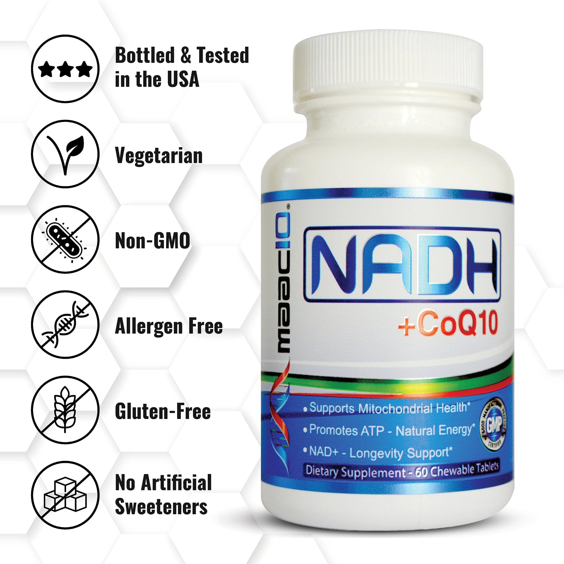 MAAC10 focus and stamina booster bottle displaying the 60 chewable tablets count