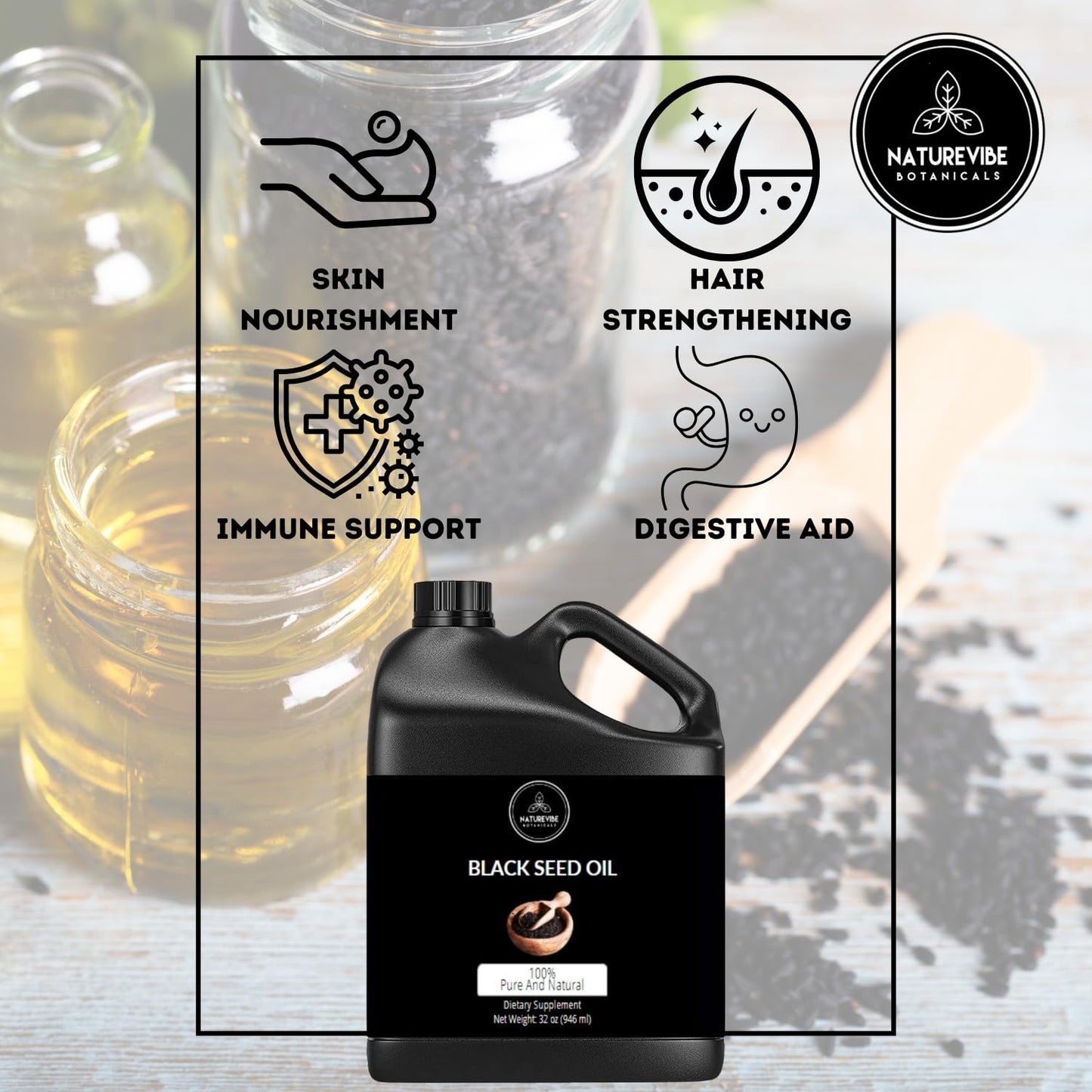 Premium unrefined black cumin seed oil by Naturevibe Botanicals back label instructions