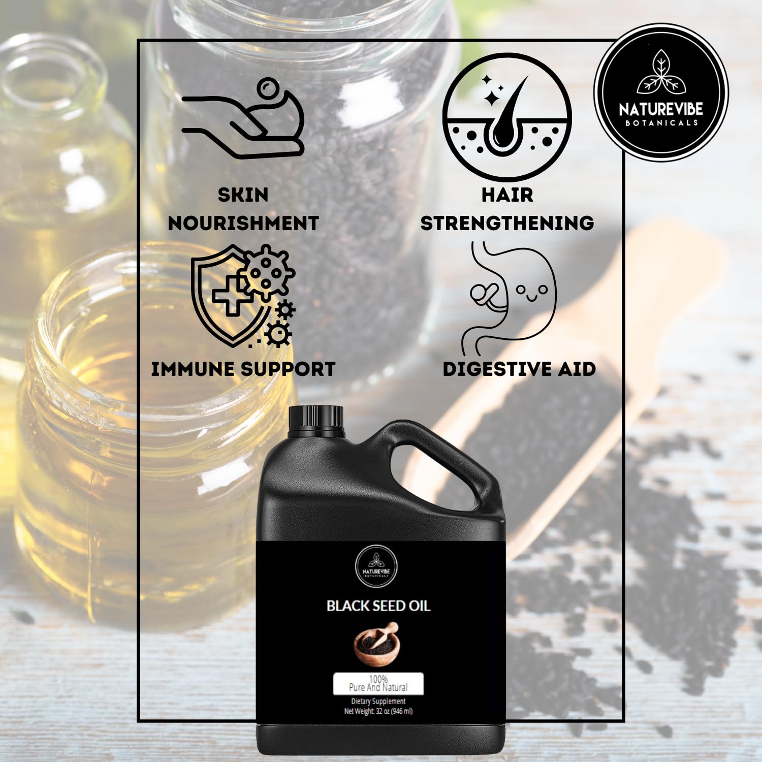 Premium unrefined black cumin seed oil by Naturevibe Botanicals back label instructions