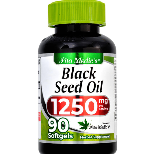 Fito Medics cold pressed black cumin seed oil dietary supplement side label details.