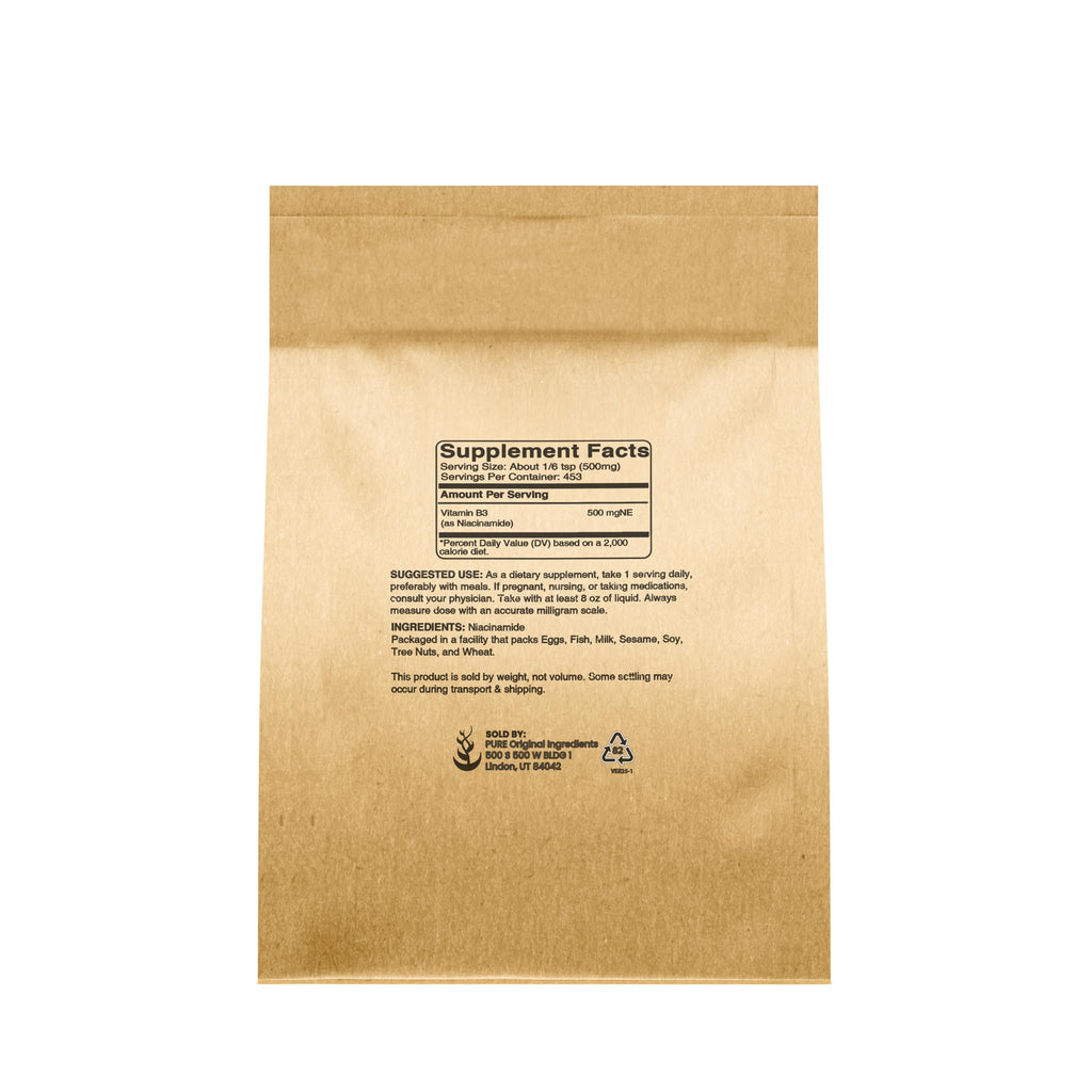 Pure Original Ingredients unflavored Vitamin B3 powder dietary supplement packaging details