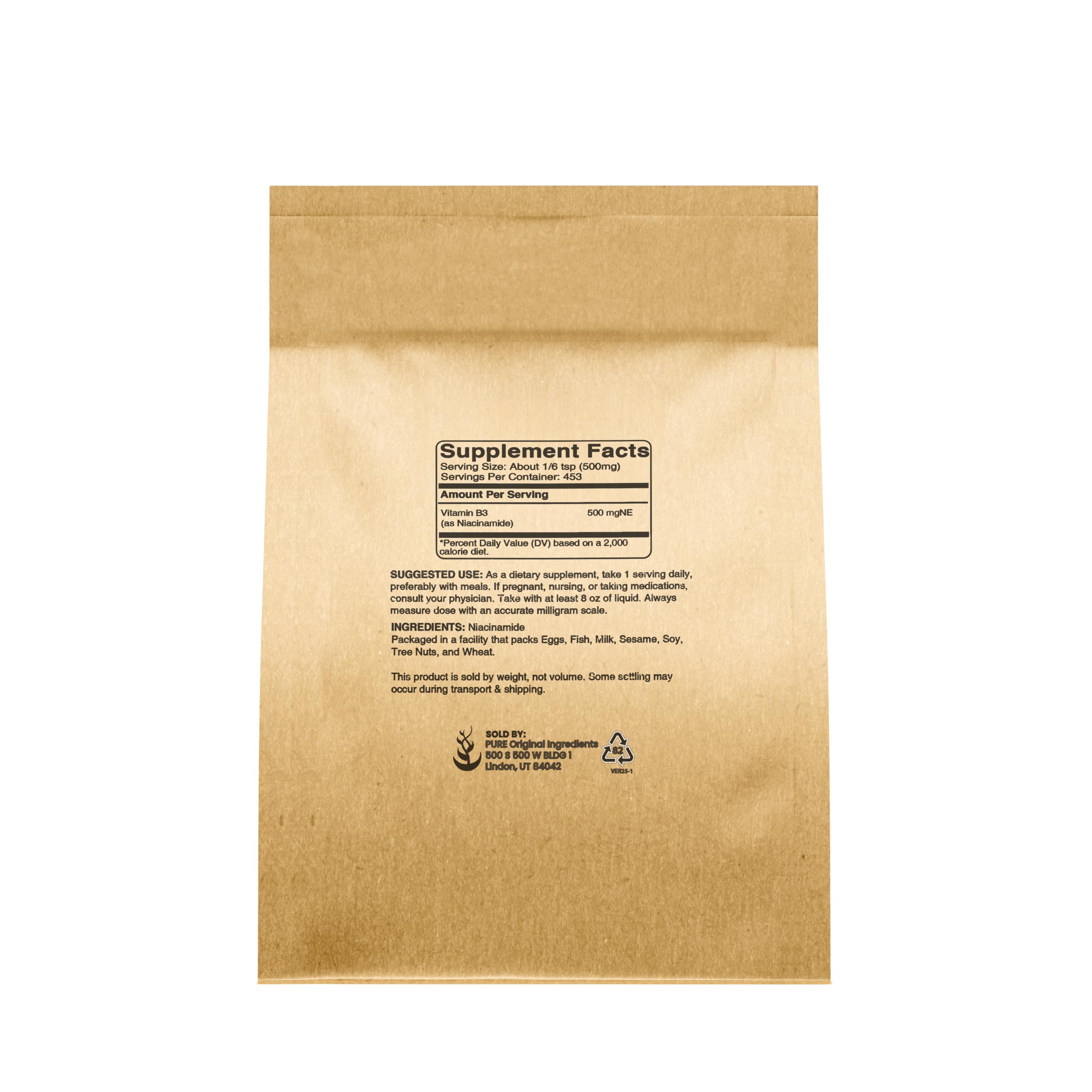 Pure Original Ingredients unflavored Vitamin B3 powder dietary supplement packaging details