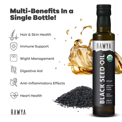 RAWYA organic cold pressed black cumin seed oil dark glass bottle for UV protection