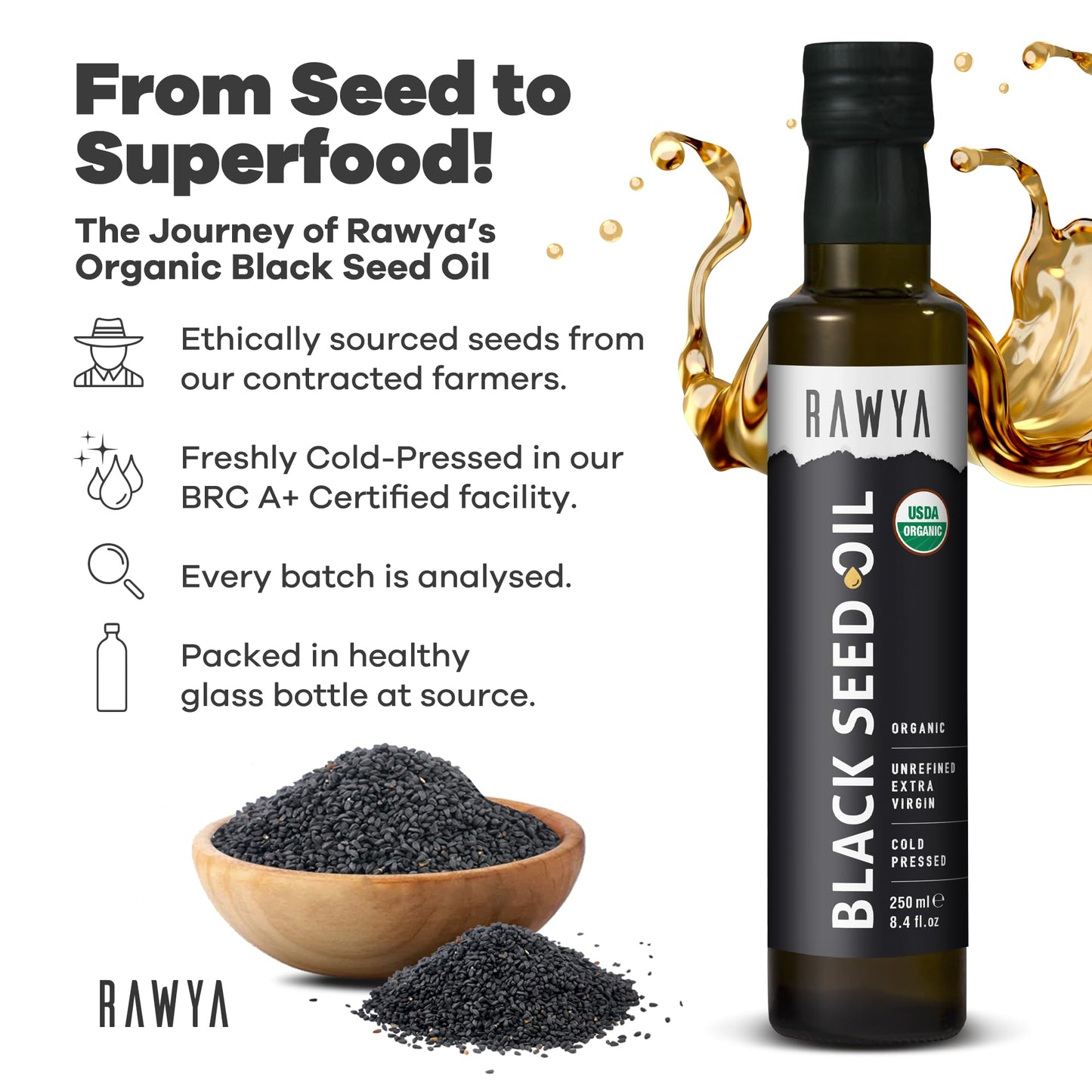 RAWYA unrefined Nigella Sativa oil nutritional supplement label showing organic certifications