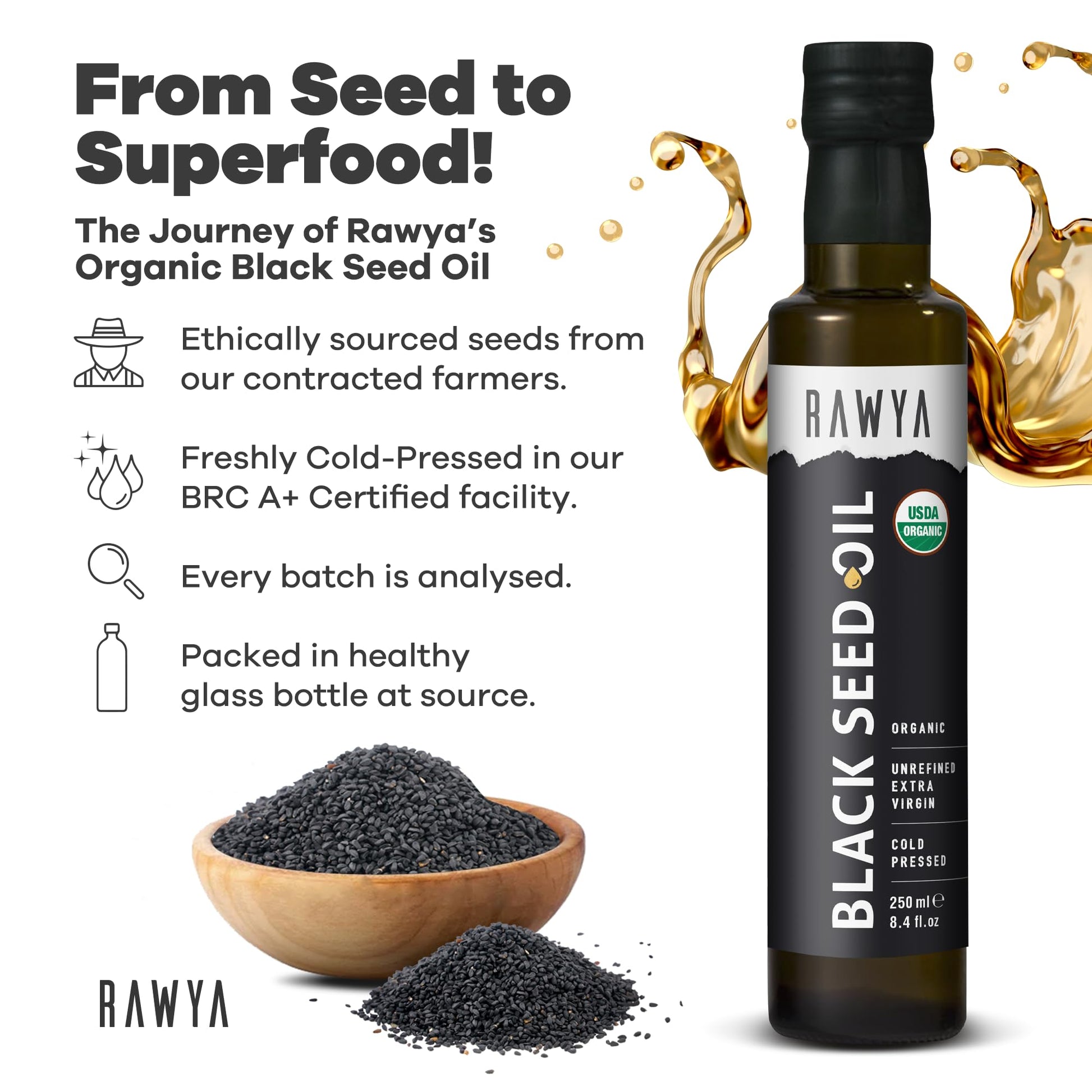 RAWYA unrefined Nigella Sativa oil nutritional supplement label showing organic certifications