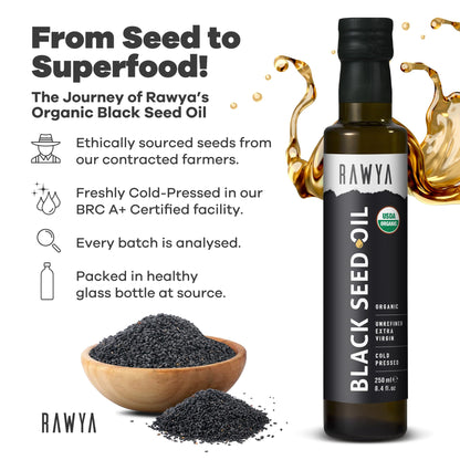 RAWYA unrefined Nigella Sativa oil nutritional supplement label showing organic certifications