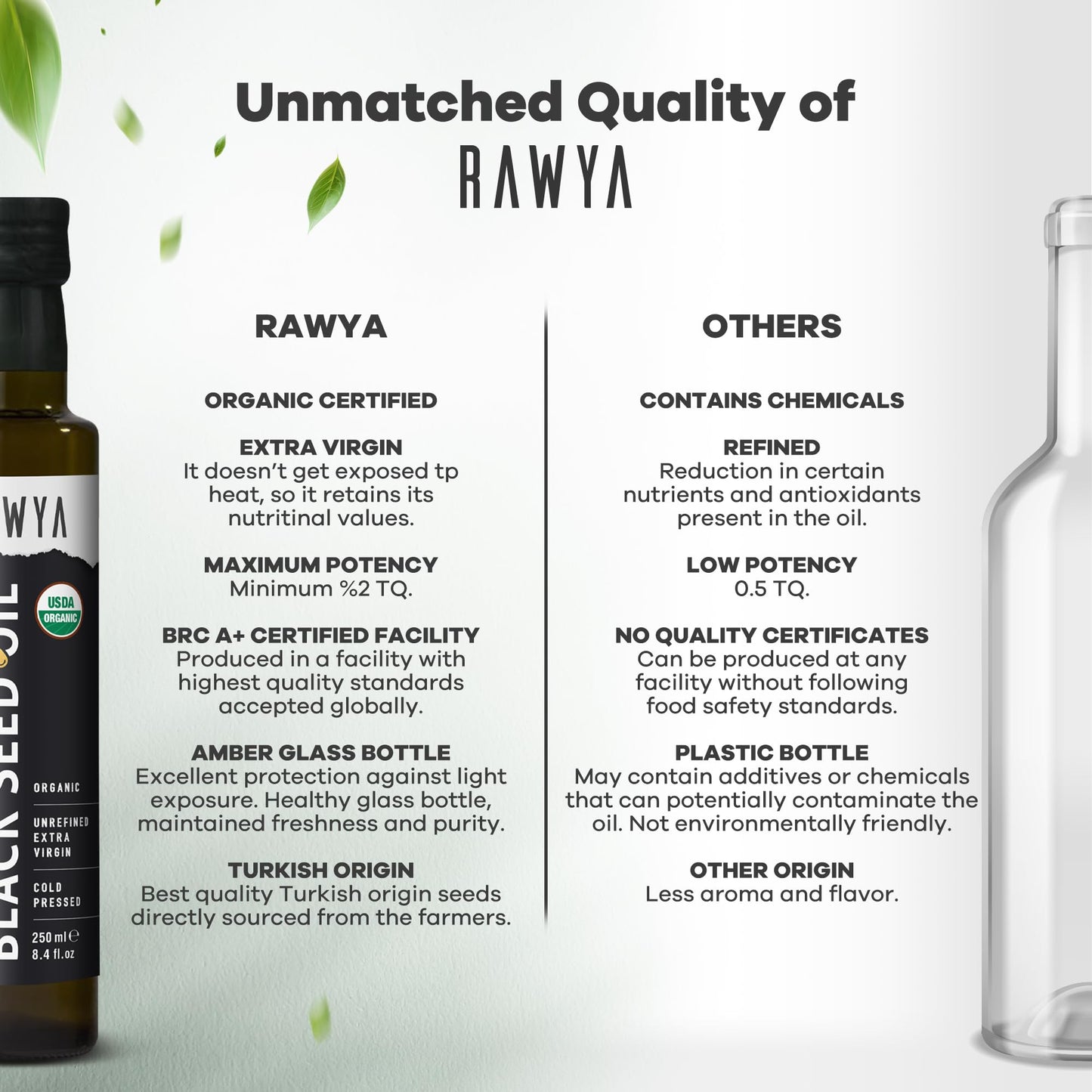 RAWYA organic black seed oil bottle standing upright showing pure liquid supplement texture
