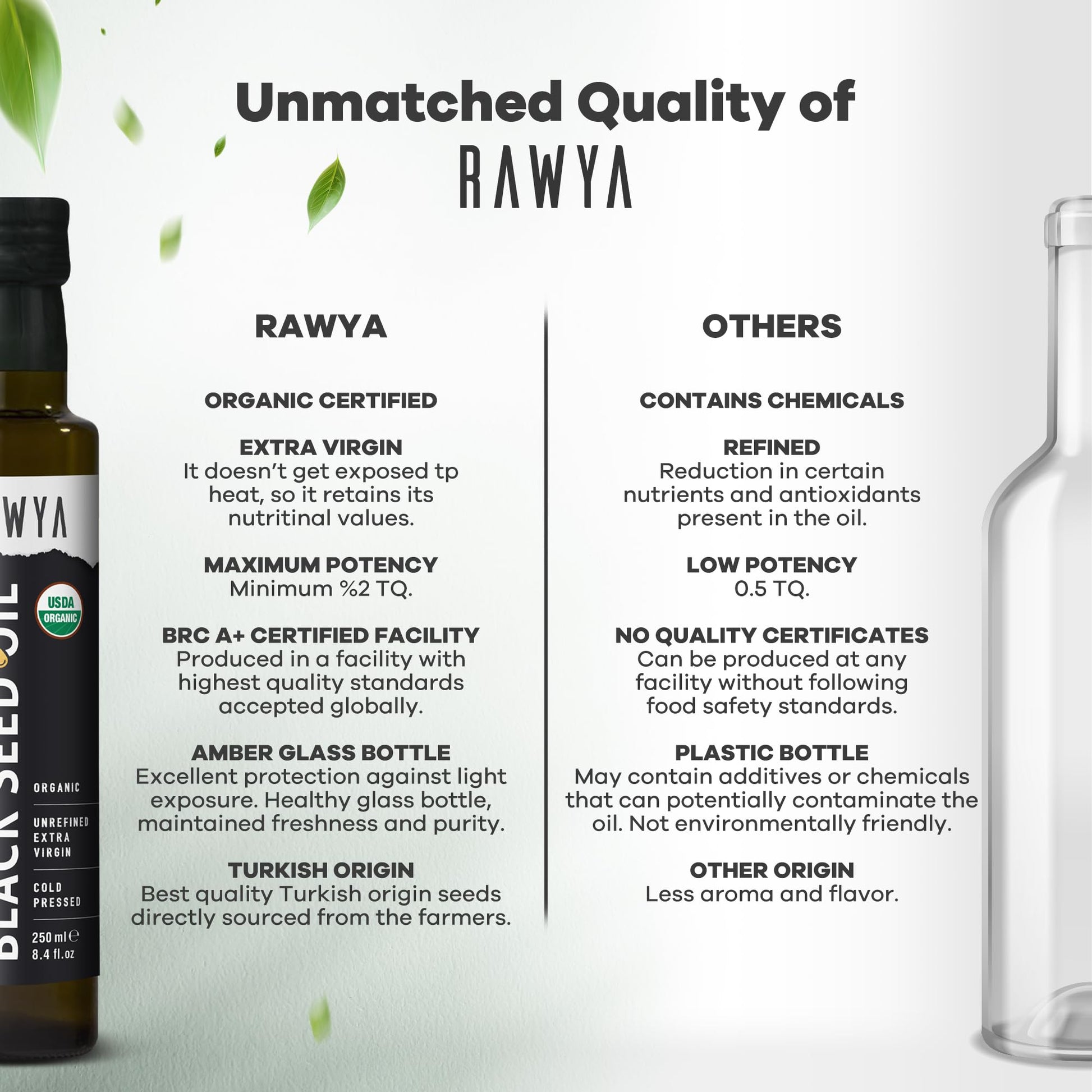 RAWYA organic black seed oil bottle standing upright showing pure liquid supplement texture