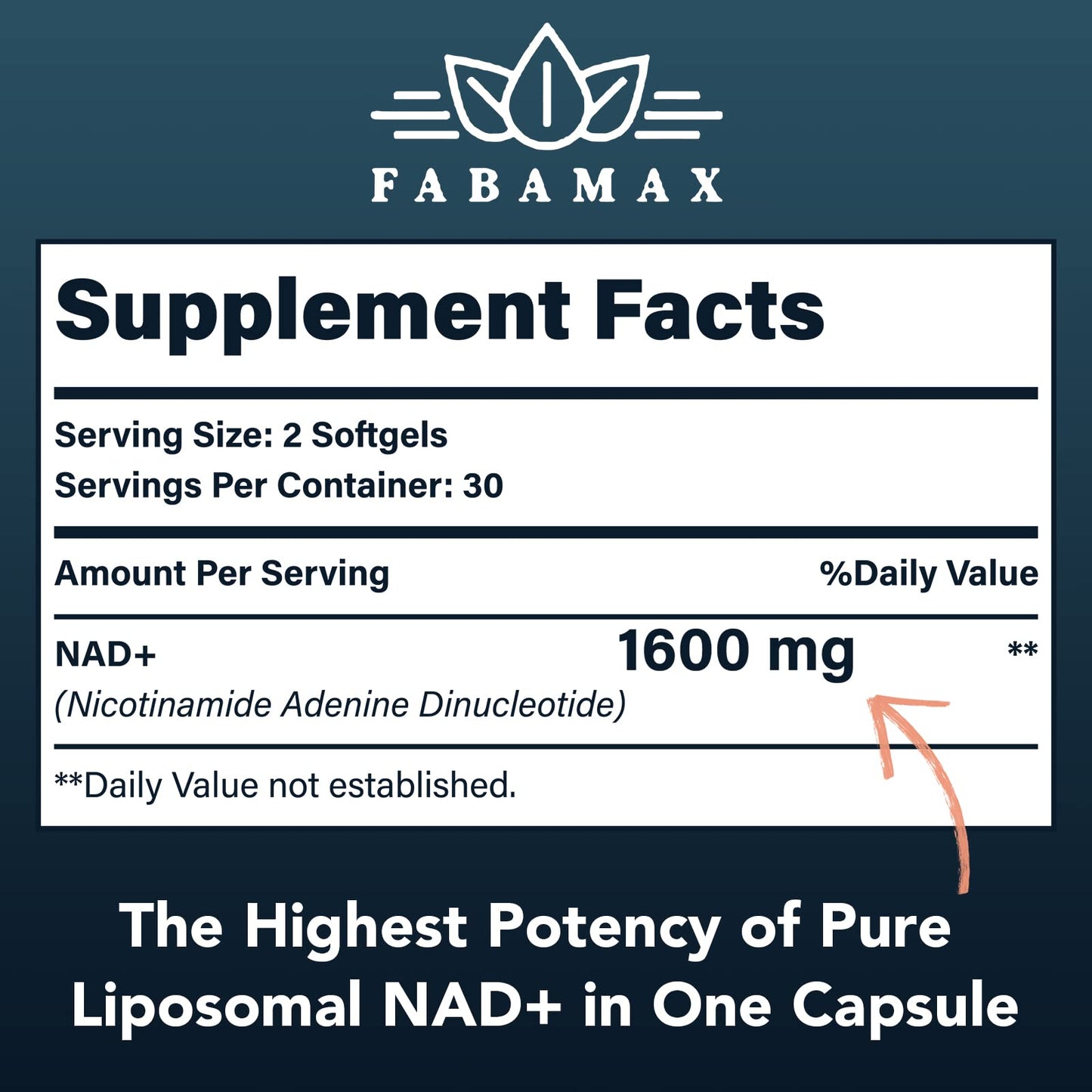 Fabamax 98 percent pure NAD plus dietary supplement softgels showing advanced absorption technology