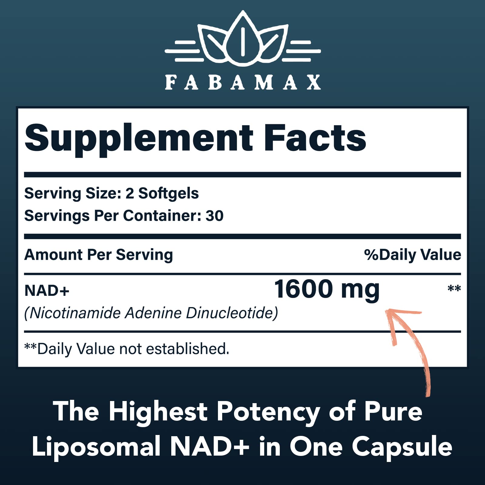 Fabamax 98 percent pure NAD plus dietary supplement softgels showing advanced absorption technology