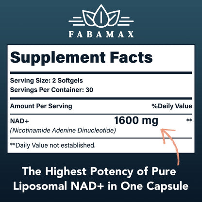 Fabamax 98 percent pure NAD plus dietary supplement softgels showing advanced absorption technology