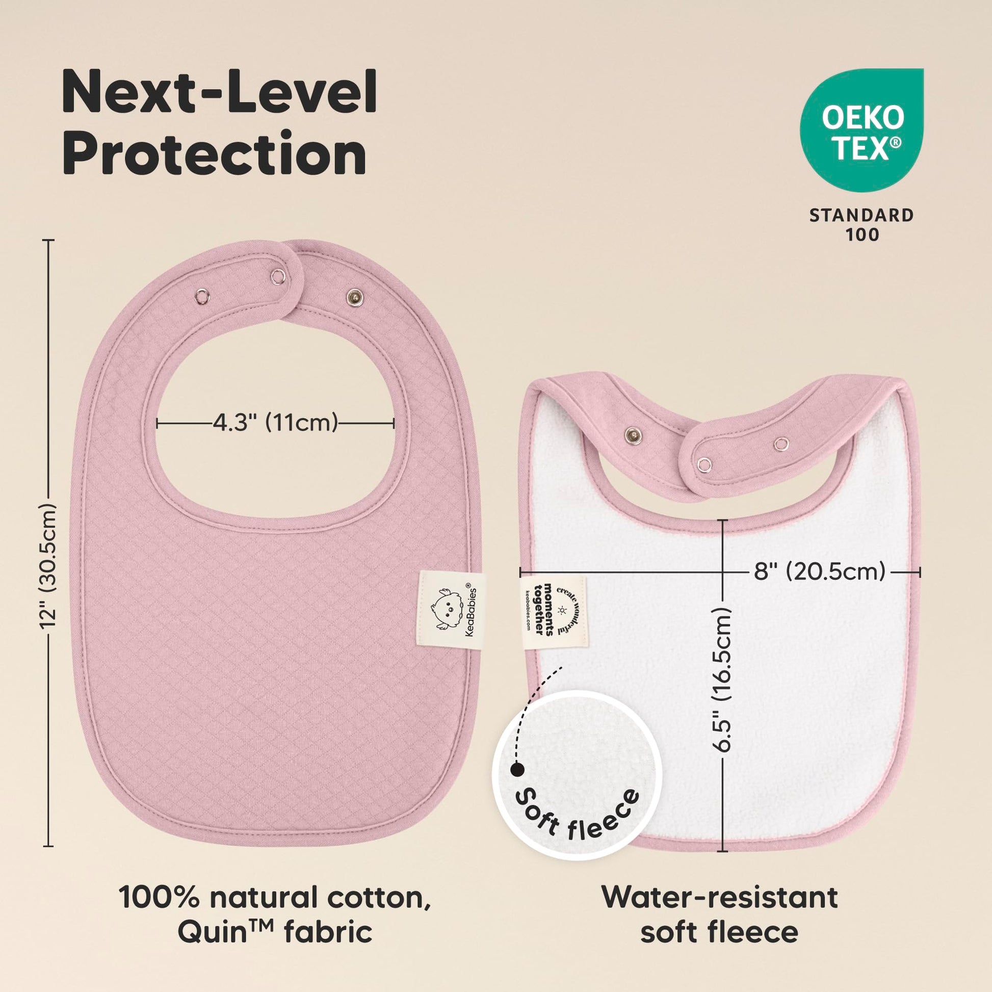 KeaBabies baby bibs showing adjustable nickel-free snap closure detail.