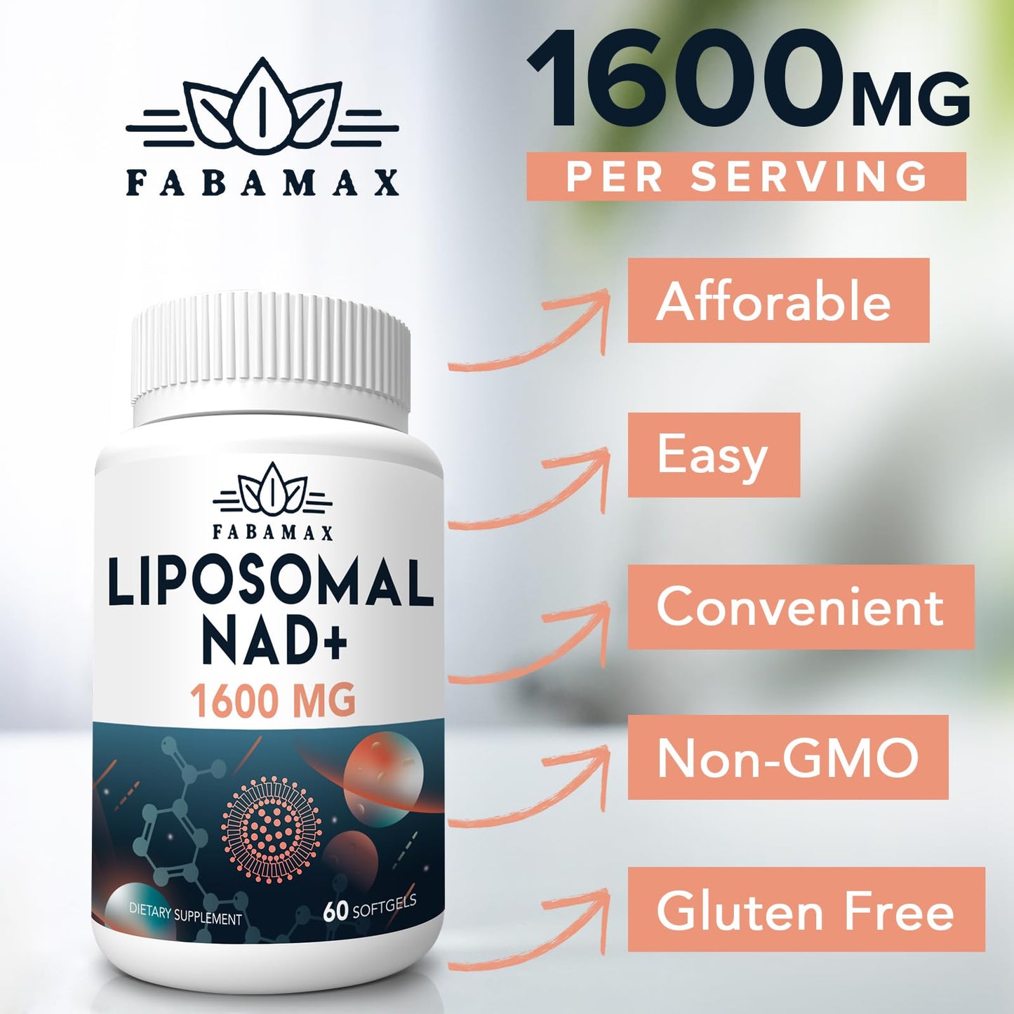 Side view of Fabamax dietary supplement bottle illustrating non GMO verified features