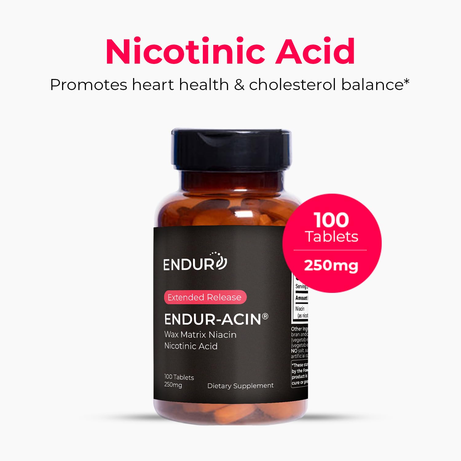 Endur Acin low flush Vitamin B3 200 tablets packaging detailing nutritional facts and ingredient label