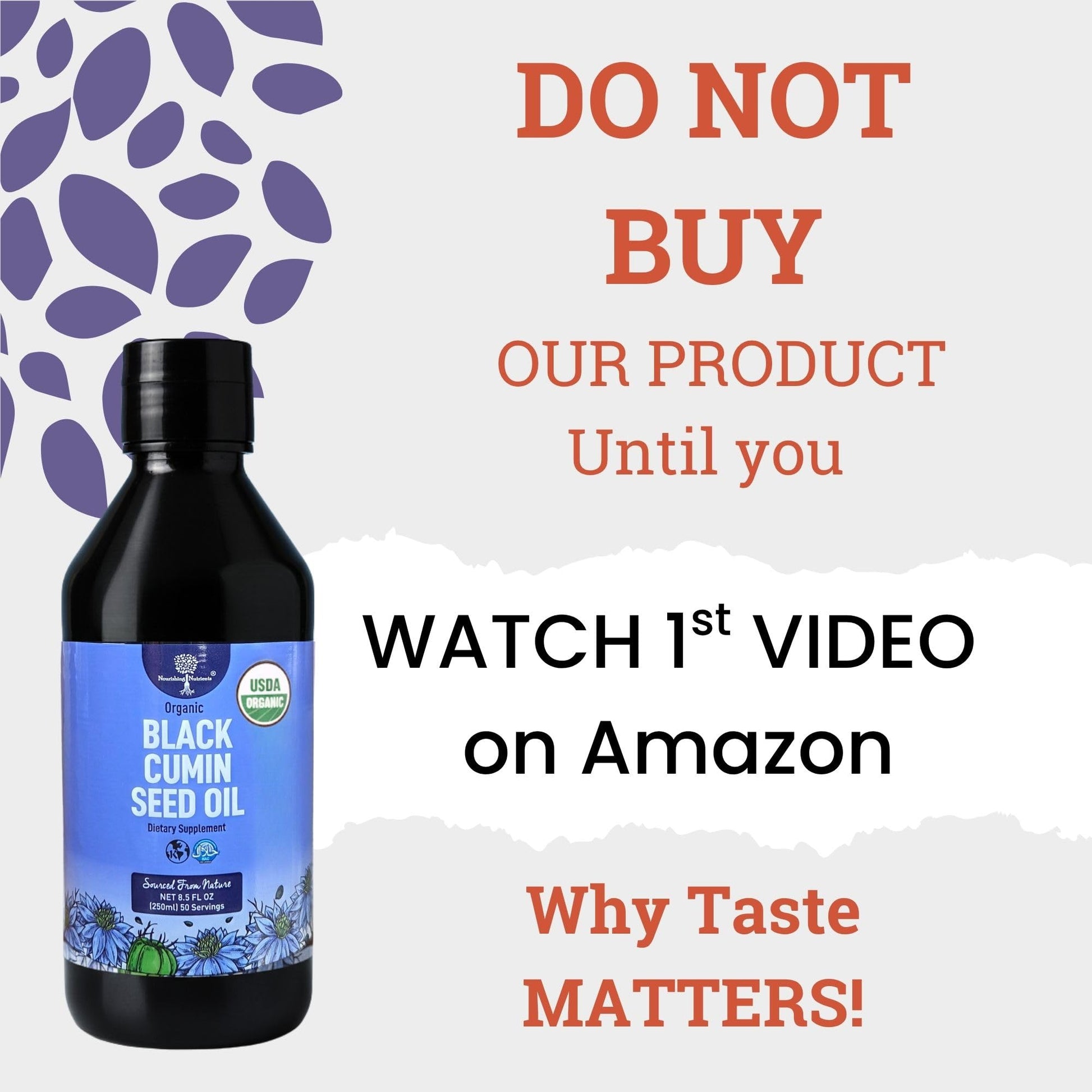 Nourishing Nutrients unrefined black seed oil side label showing organic certification and supplement facts.