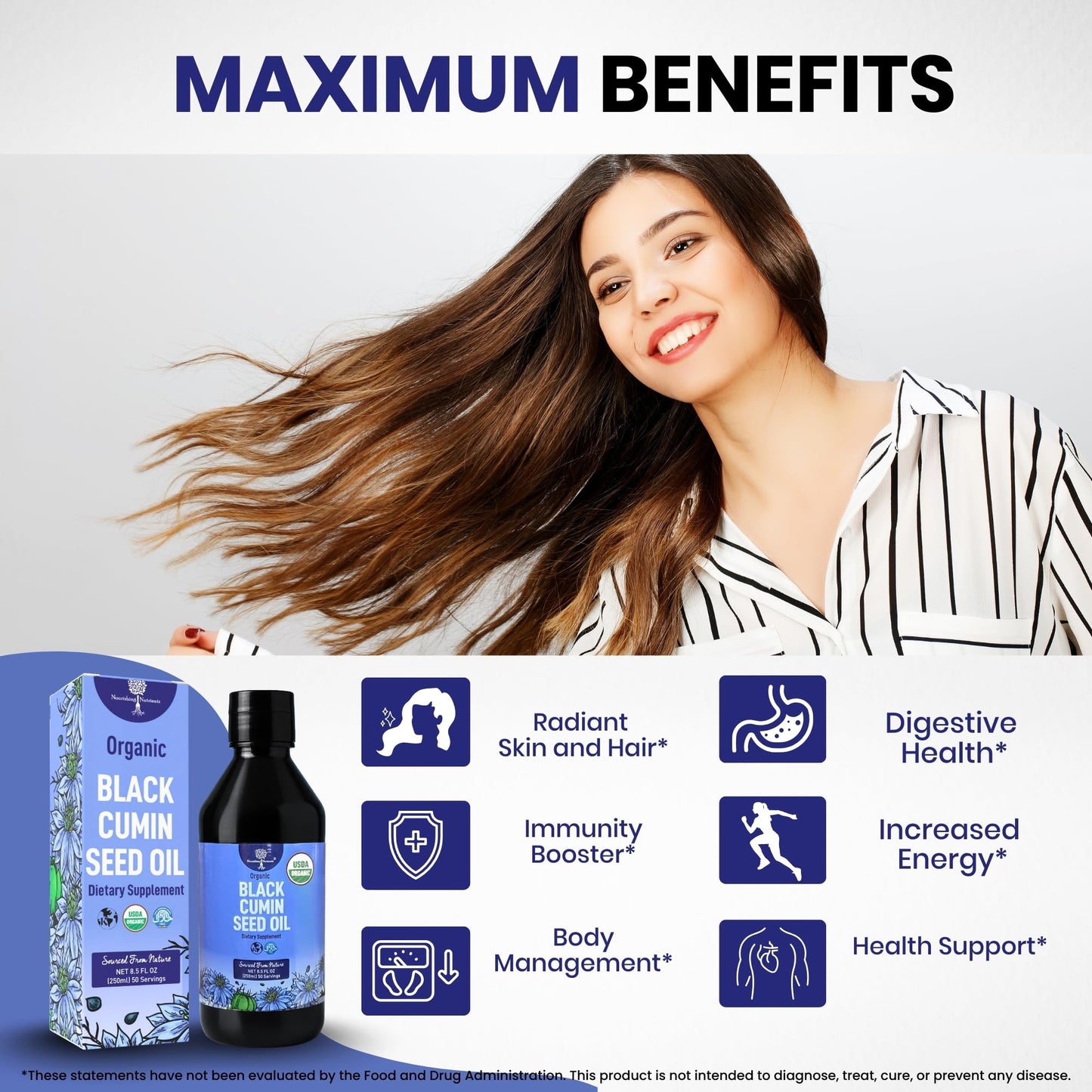 Nourishing Nutrients pure Nigella Sativa oil being applied to hair for scalp health and hair fall control.