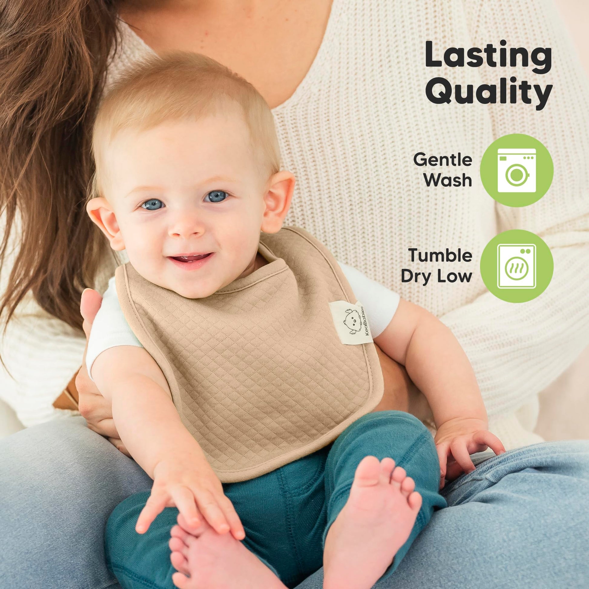 Lifestyle shot of KeaBabies bibs on a teething infant.