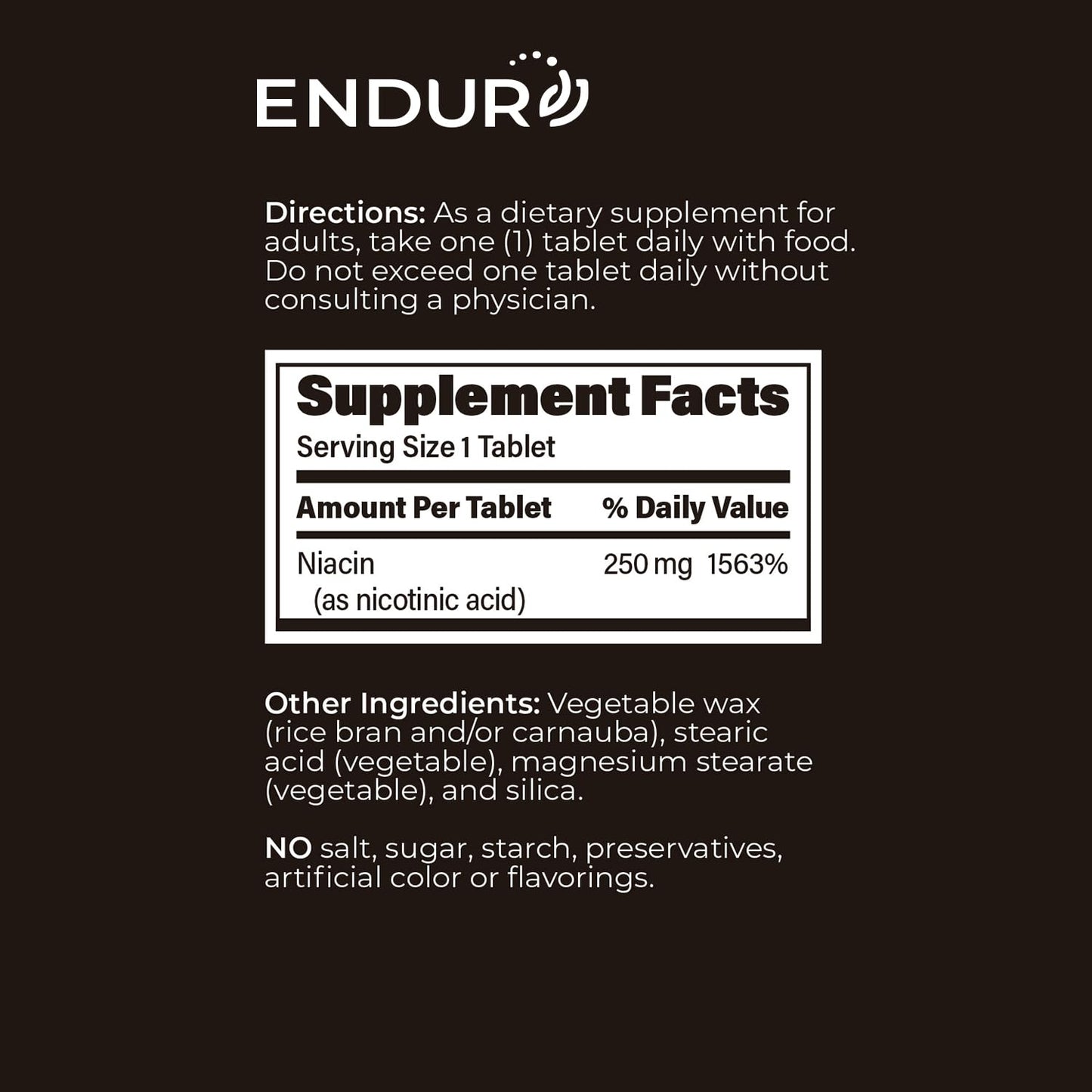 Side view of Endurance Products Endur Acin 250 milligrams bottle with directions for usage instructions