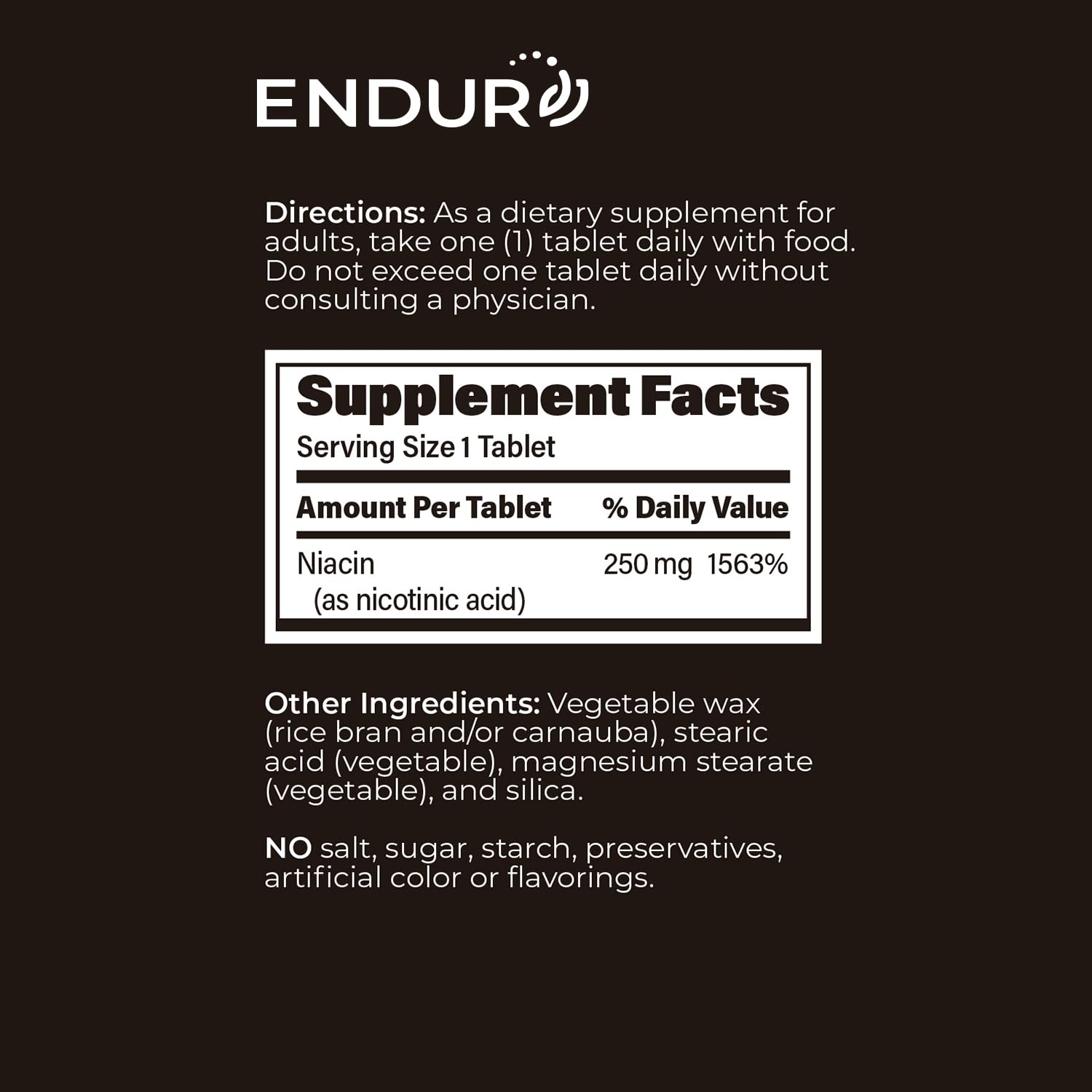 Side view of Endurance Products Endur Acin 250 milligrams bottle with directions for usage instructions