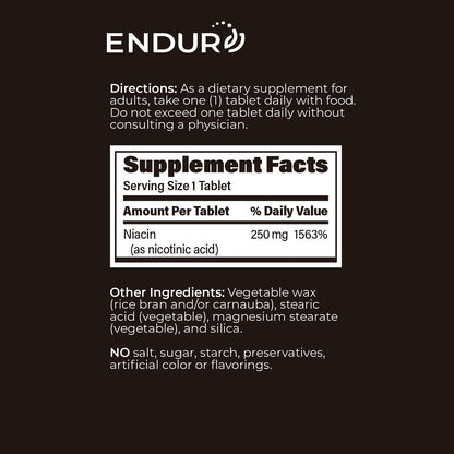 Side view of Endurance Products Endur Acin 250 milligrams bottle with directions for usage instructions