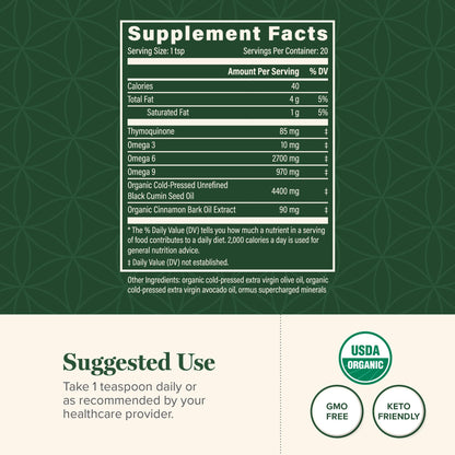 Global Healing unrefined black cumin seed supplement liquid label details