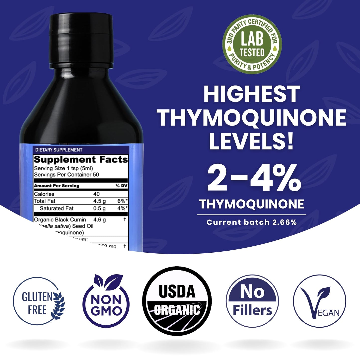 Nourishing Nutrients organic black cumin seed oil product packaging showcasing the two hundred and fifty milliliter bottle size.