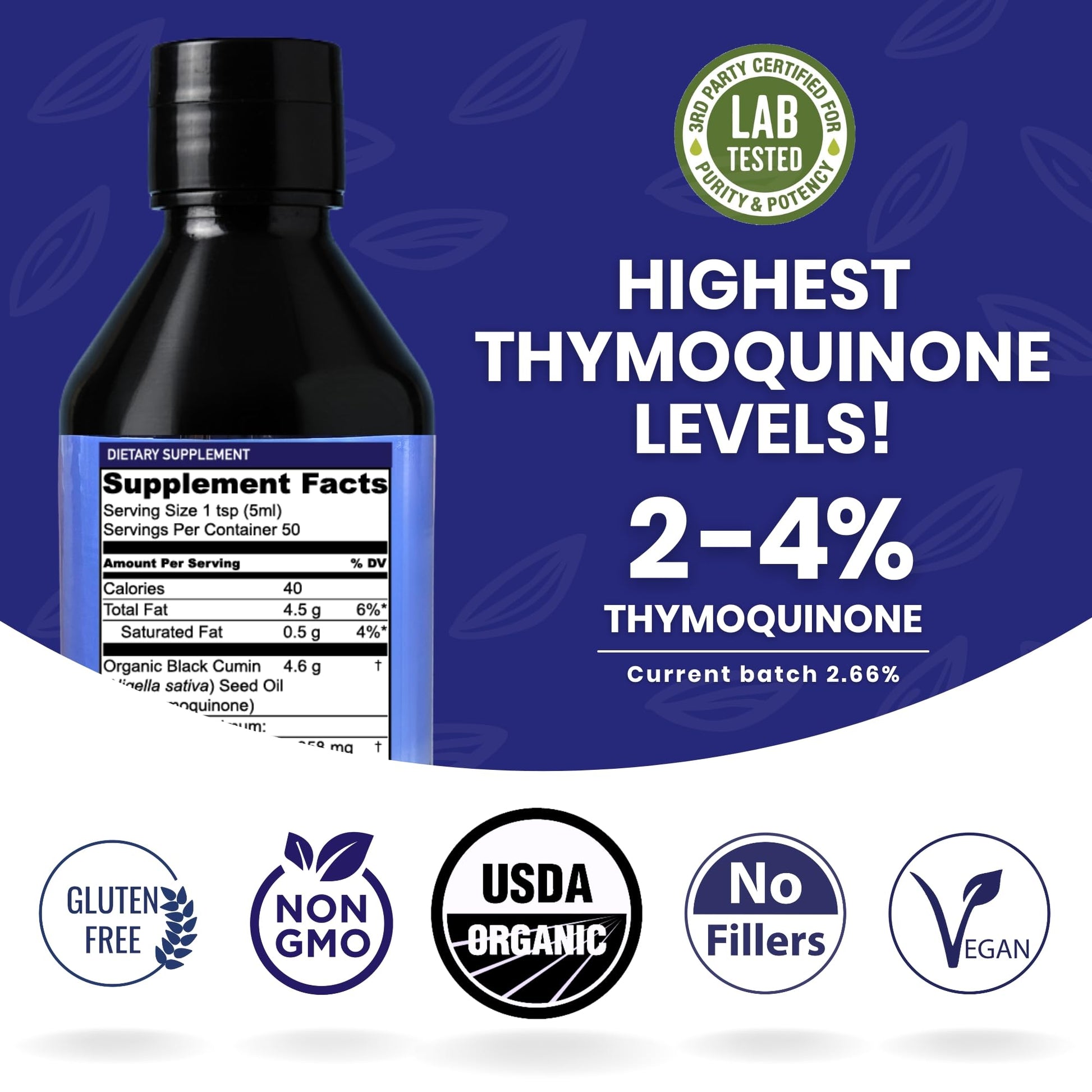 Nourishing Nutrients organic black cumin seed oil product packaging showcasing the two hundred and fifty milliliter bottle size.