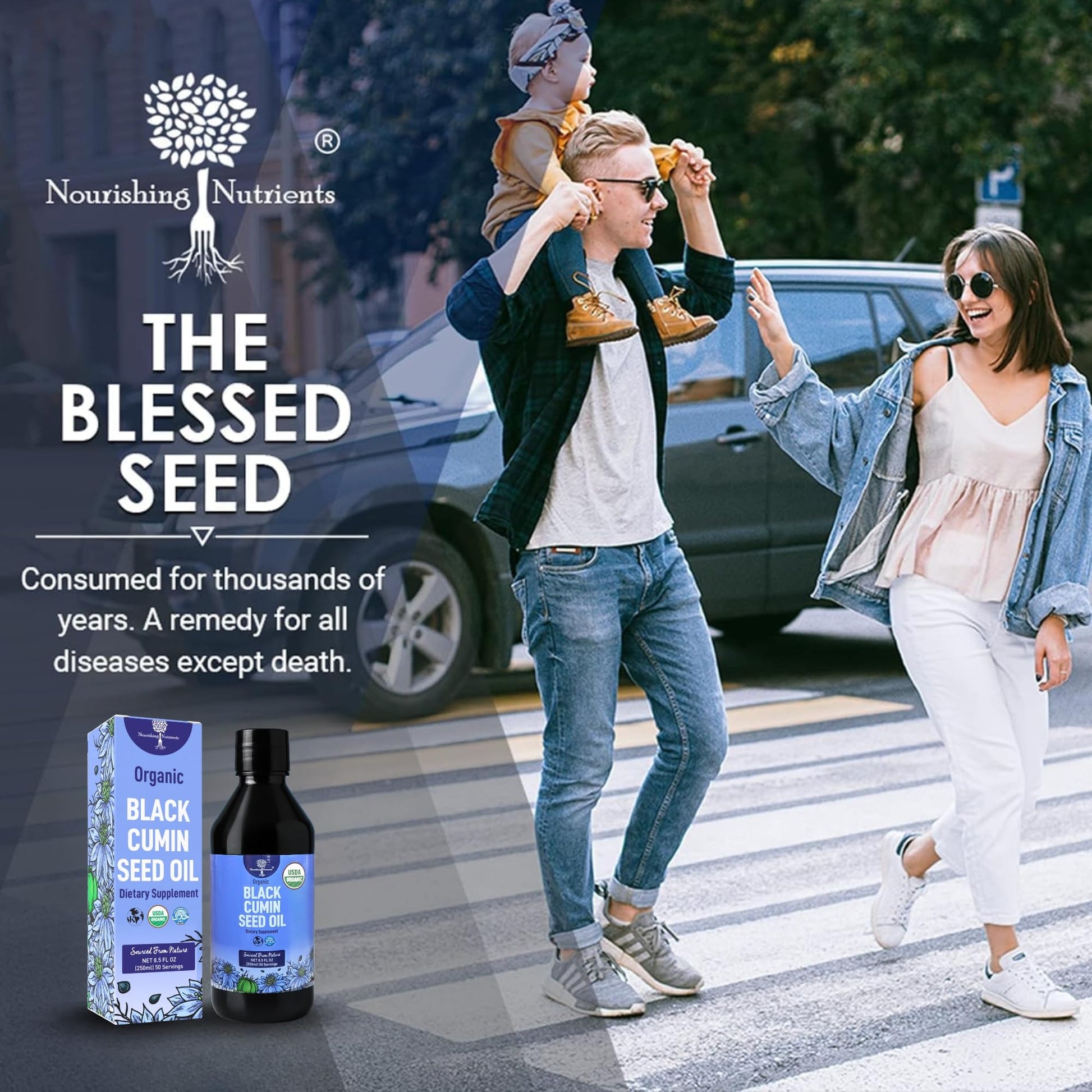 Nourishing Nutrients cold pressed immune support oil displayed with a teaspoon for daily consumption guidance.