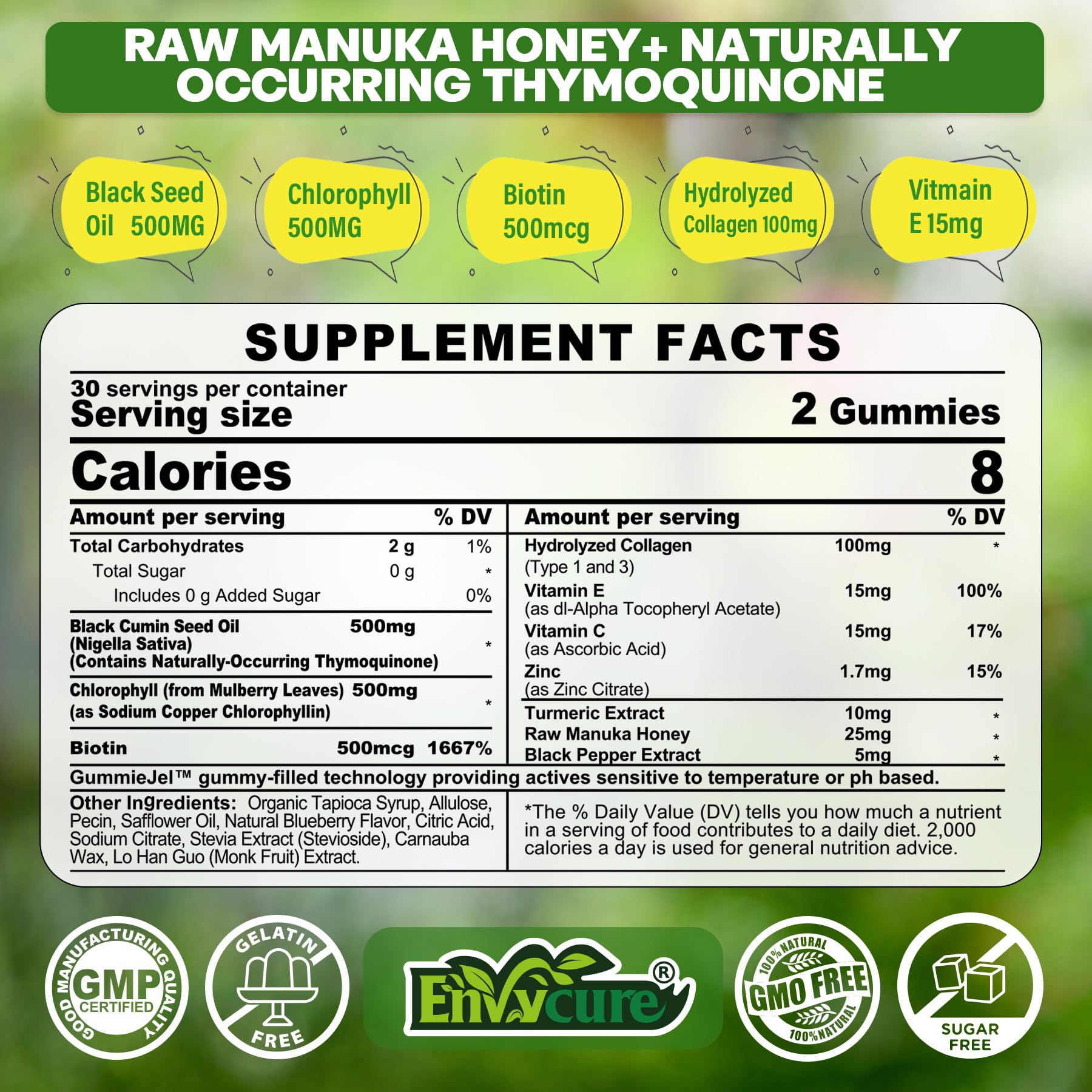 EnvyCure liquid filled blueberry flavor gummies close up showing dietary supplement facts