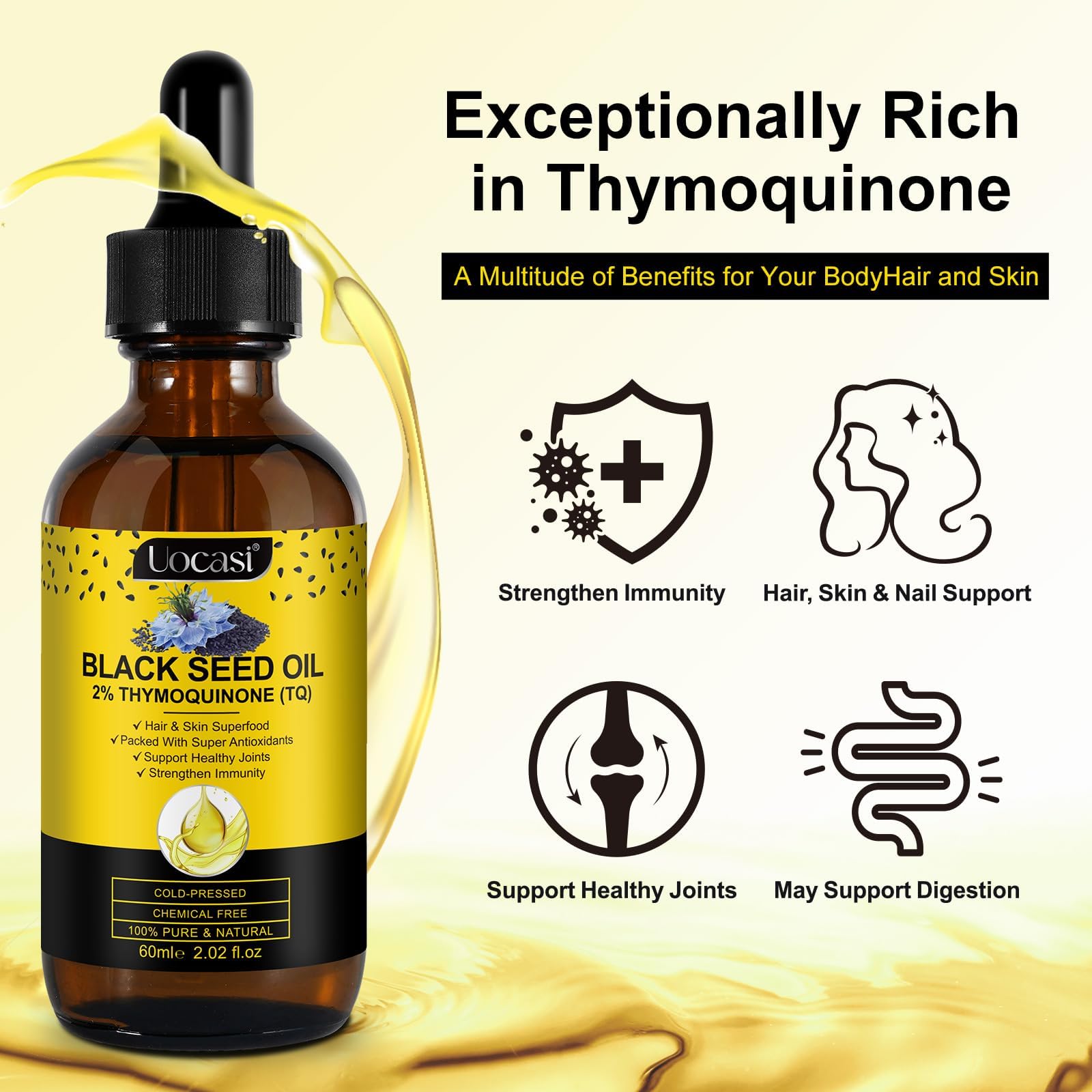 Uocasi unrefined black cumin seed oil liquid supplement bottle displaying product labels
