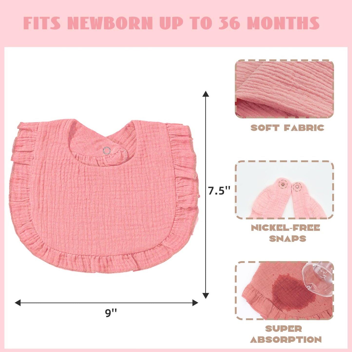 Adjustable nickel-free snap closure on baby bandana bib