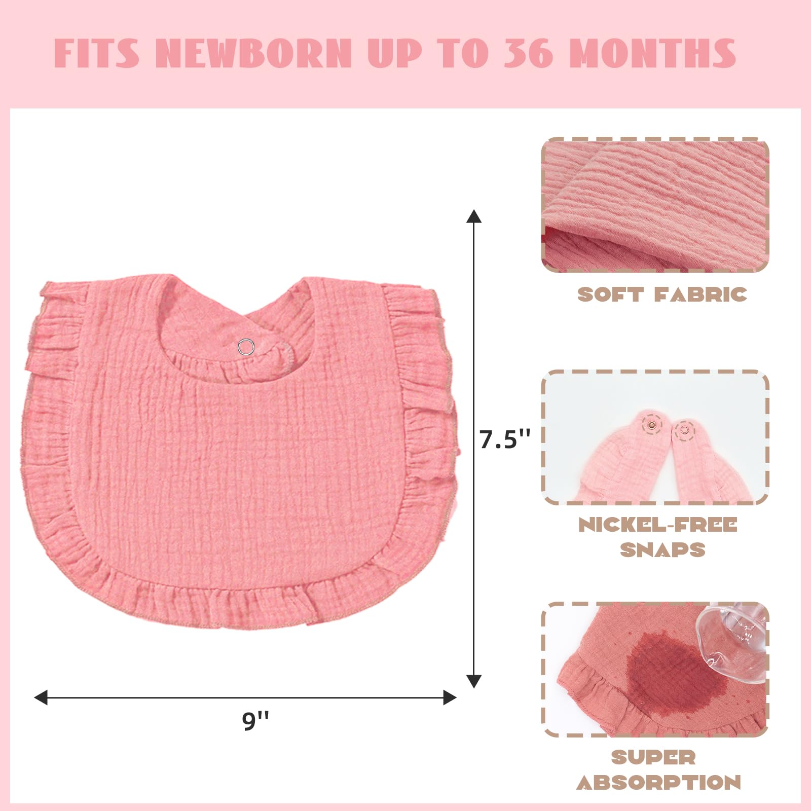 Adjustable nickel-free snap closure on baby bandana bib