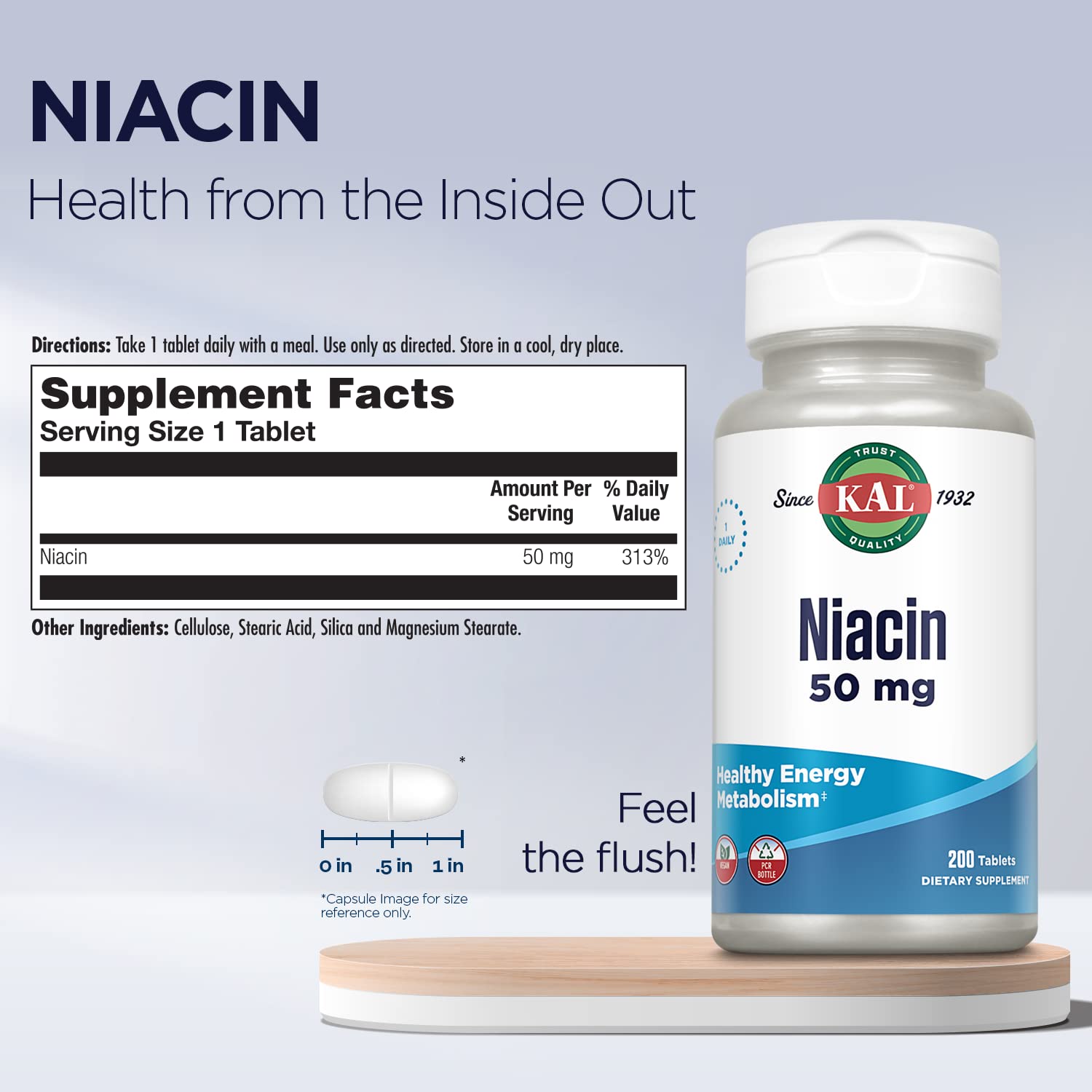 Back label of KAL Vitamin B3 tablets showing vegetarian formula and serving size