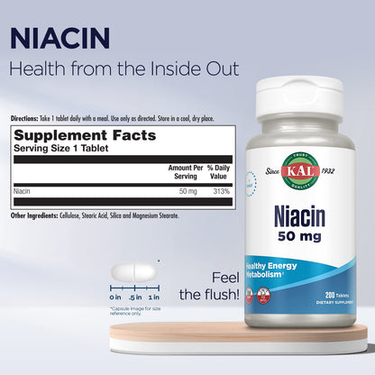 Back label of KAL Vitamin B3 tablets showing vegetarian formula and serving size