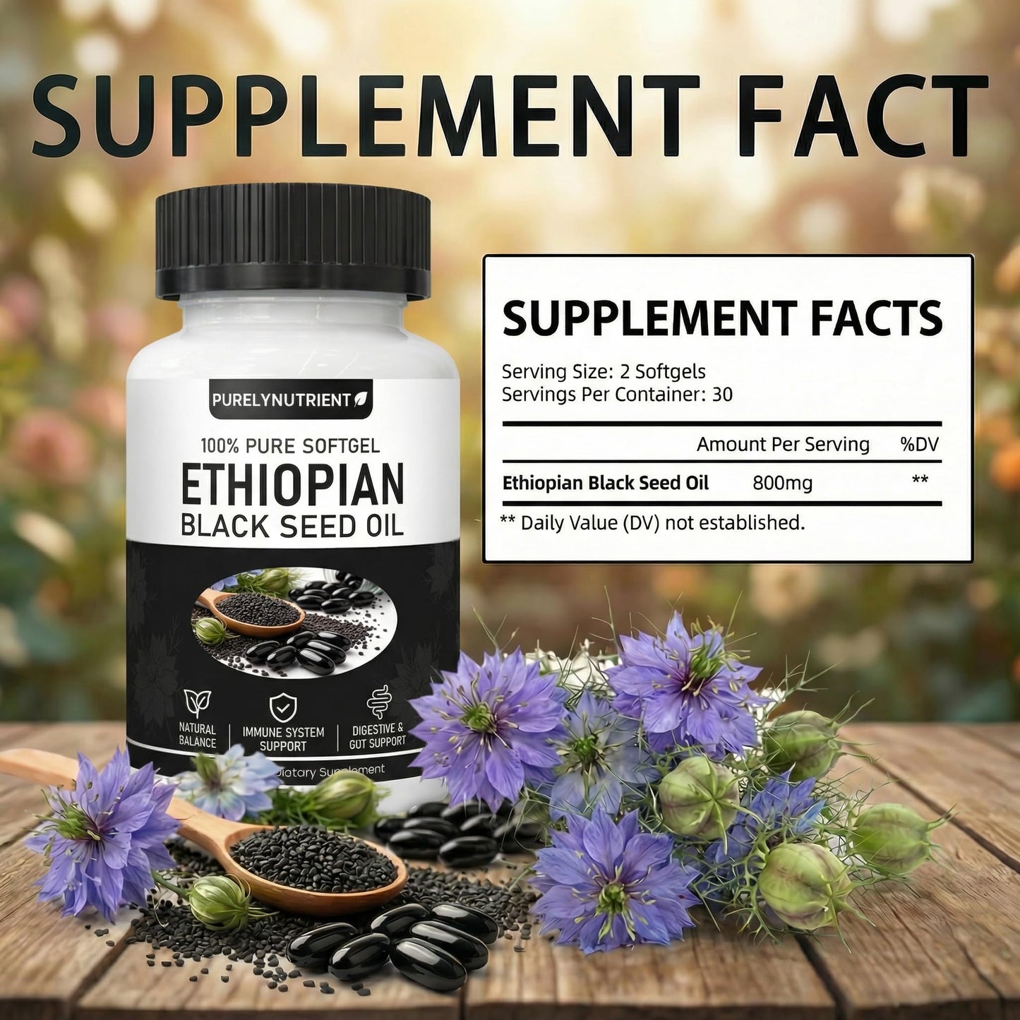 Purely Nutrient Ethiopian Black Cumin Seed Oil softgels packaging detailing the organic cold pressed and non GMO product features.