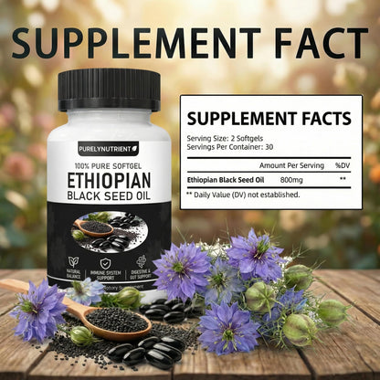 Purely Nutrient Ethiopian Black Cumin Seed Oil softgels packaging detailing the organic cold pressed and non GMO product features.