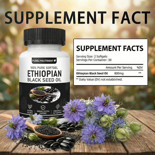 Purely Nutrient Ethiopian Black Cumin Seed Oil softgels packaging detailing the organic cold pressed and non GMO product features.