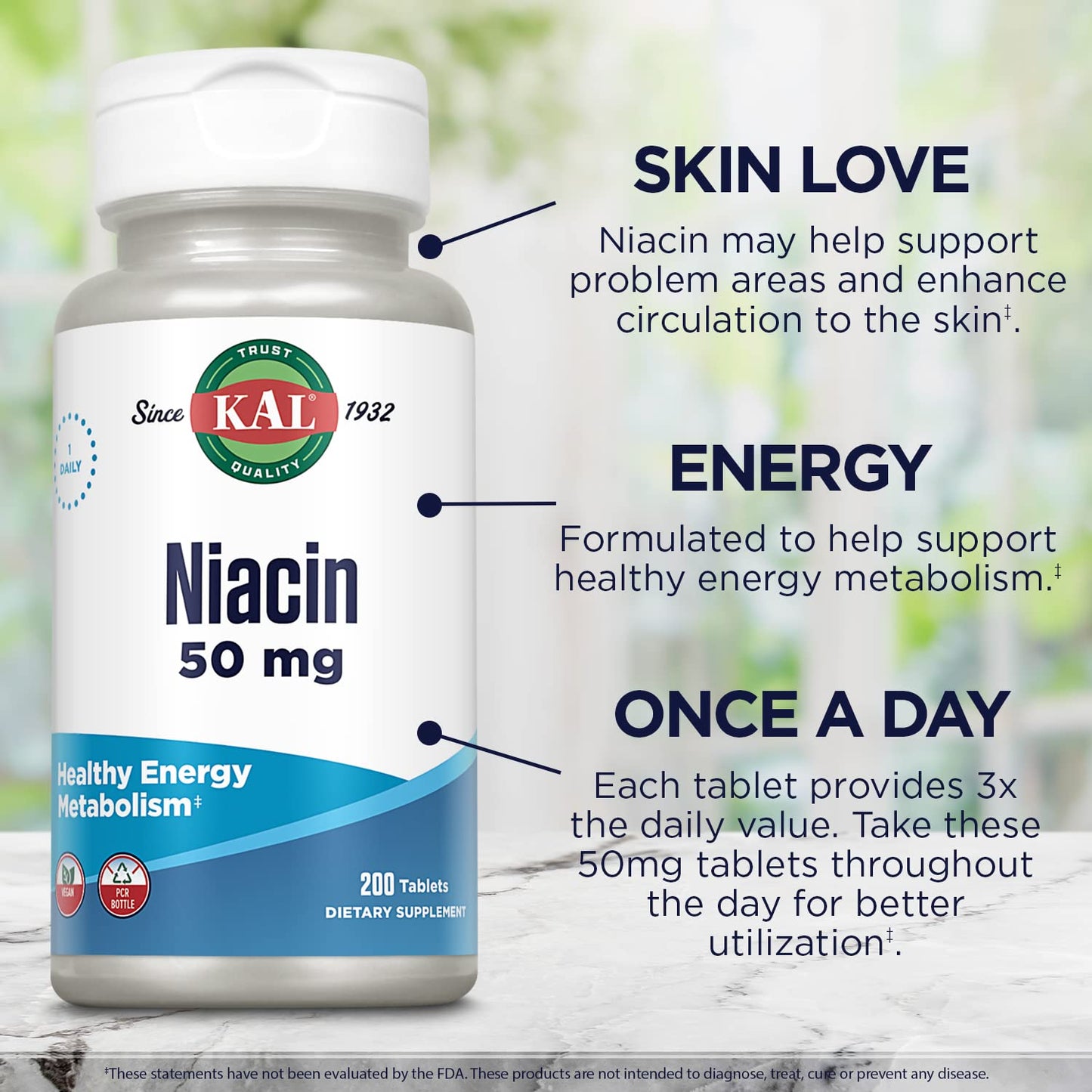 Close up view of the small well compressed KAL active niacin vegetarian tablets