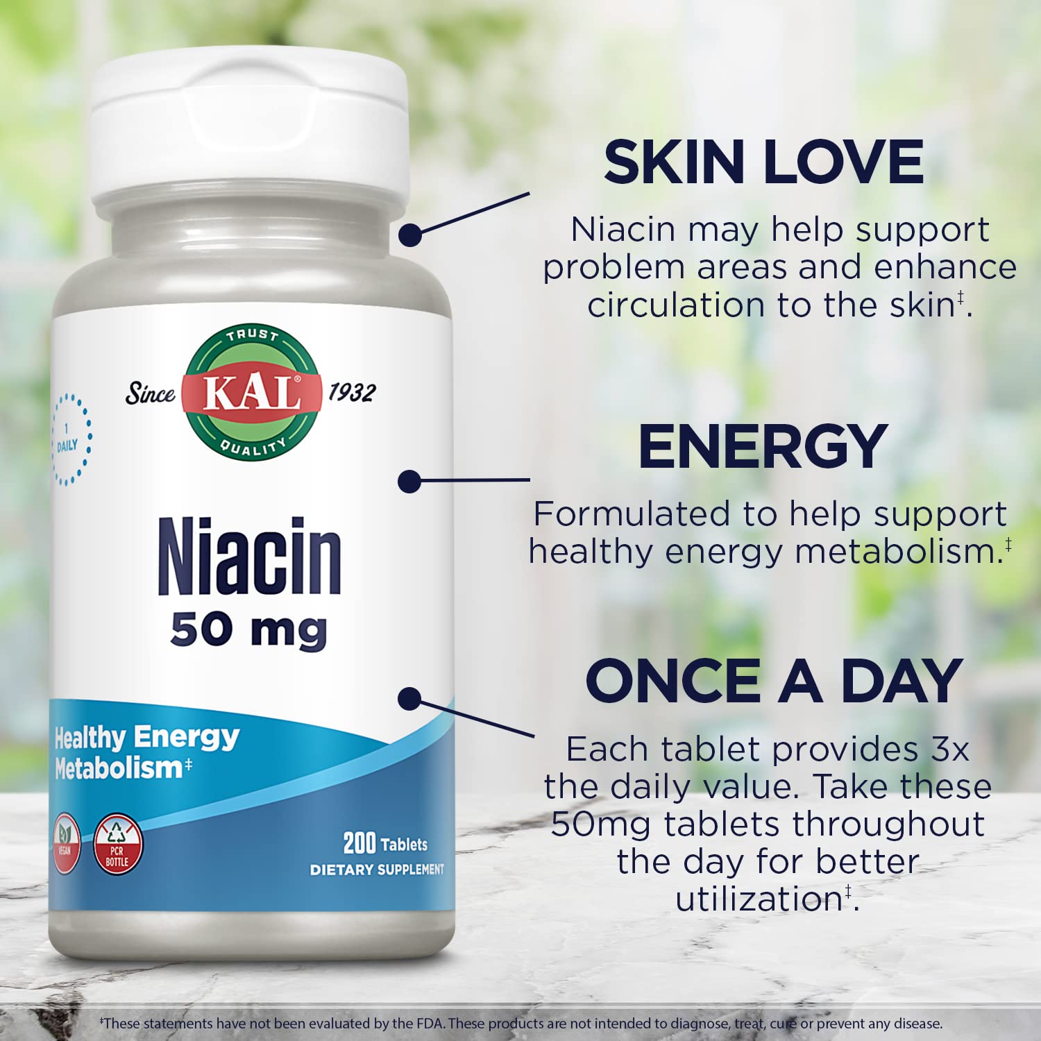 Close up view of the small well compressed KAL active niacin vegetarian tablets