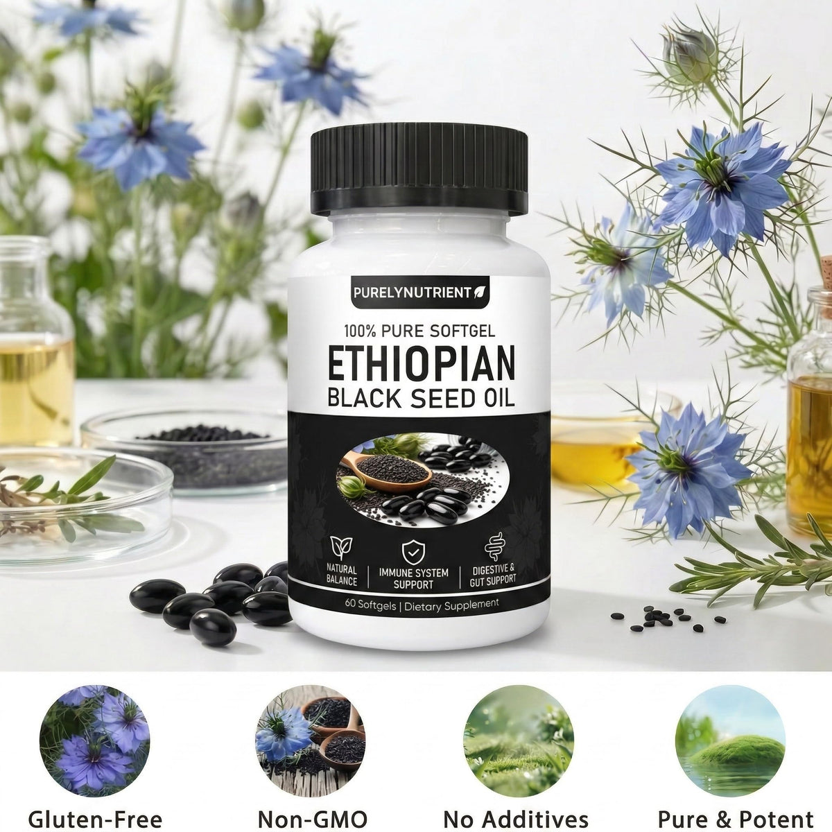 Purely Nutrient thymoquinone rich black seed oil softgel capsules lifestyle