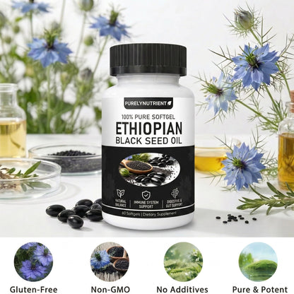 Authentic USA imported Purely Nutrient Ethiopian black seed oil dietary supplement for natural energy enhancement.