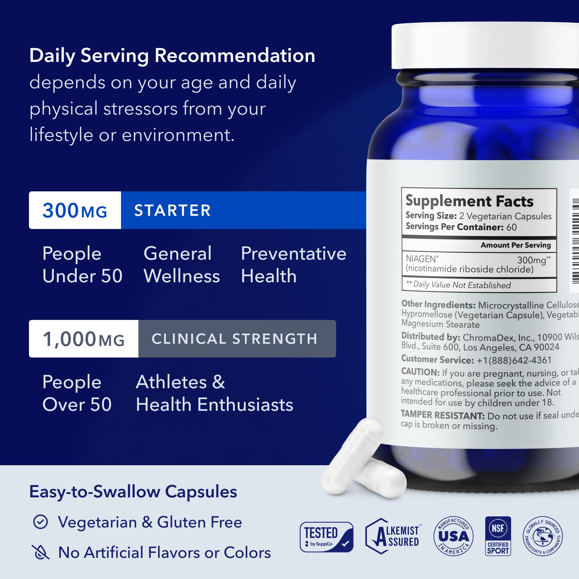 Tru Niagen Nicotinamide Riboside three hundred milligrams capsule packaging details