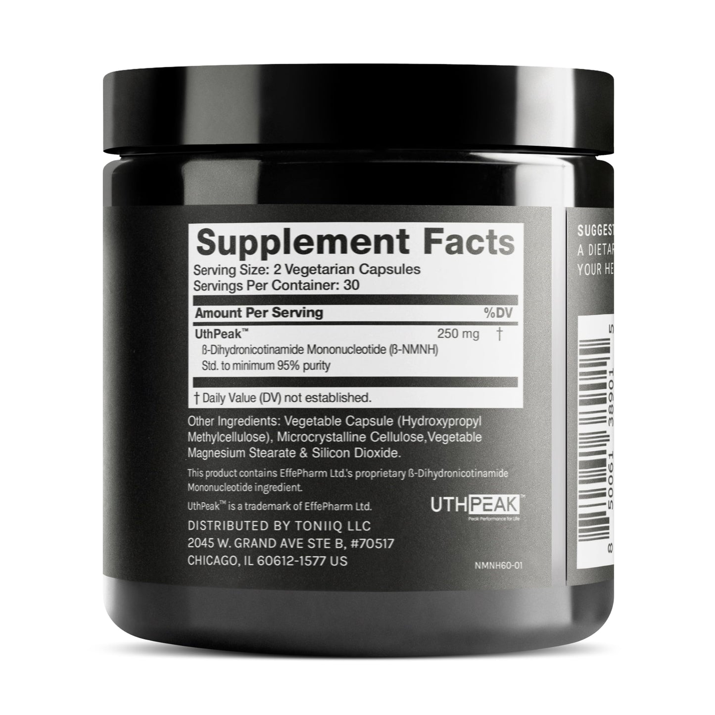 Toniiq NMNH sixty capsules container showing premium UthPeak ninety five percent purity label details.