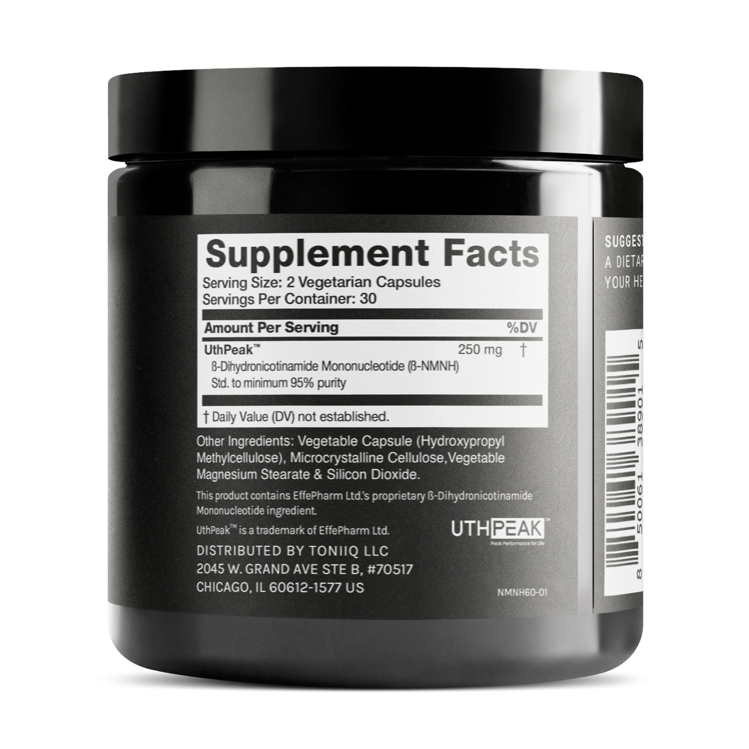 Toniiq NMNH sixty capsules container showing premium UthPeak ninety five percent purity label details.